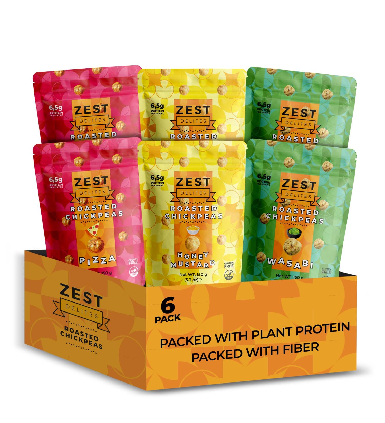 Roasted Chickpeas by Zest Delites Healthy Snacks High Protein Snacks Dried Chickpeas Low Calorie Snacks Savoury Snacks with Flavors of Pizza Honey Mustard Wasabi Chick Peas Pack of 6 - Buy Online on GoSupps.com