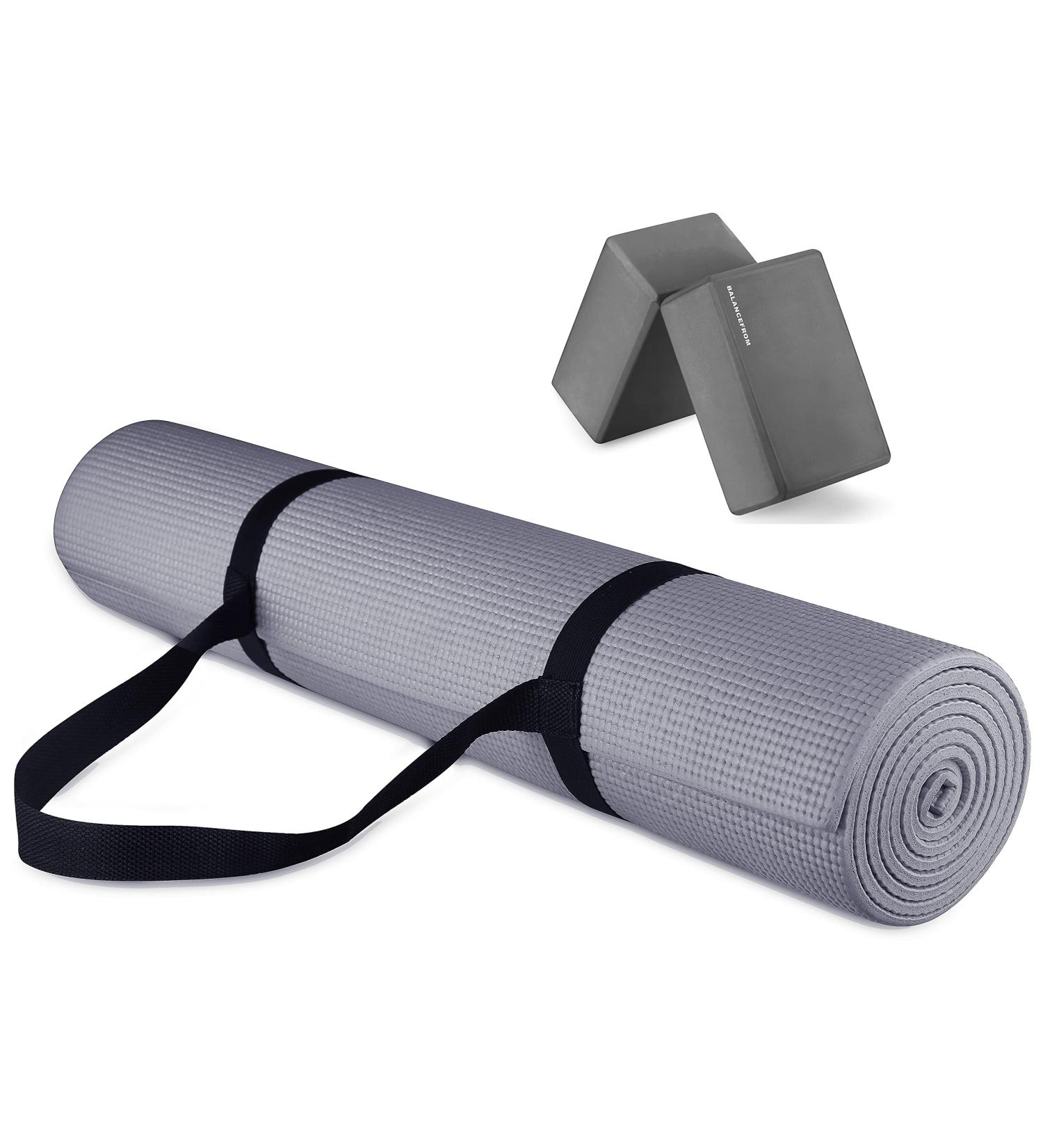 BalanceFrom 1/4-Inch High Density Anti-Tear Yoga Mat Set - Gray Mat with Carrying Strap & Yoga Blocks - Buy Online on GoSupps.com