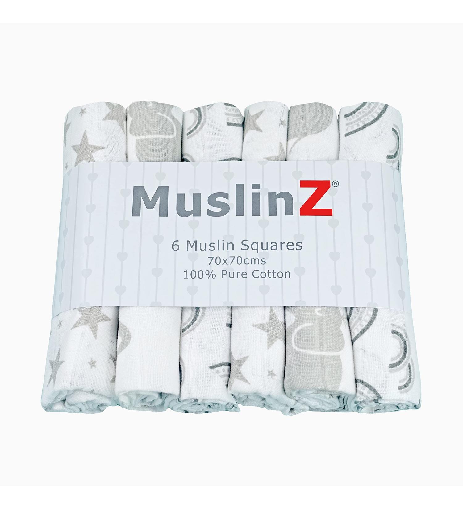 MuslinZ 6pk Baby Muslin Squares Burp Cloths 70x70cm - 100% Pure Cotton, Absorbent & Breathable - Grey Prints - Buy Online on GoSupps.com