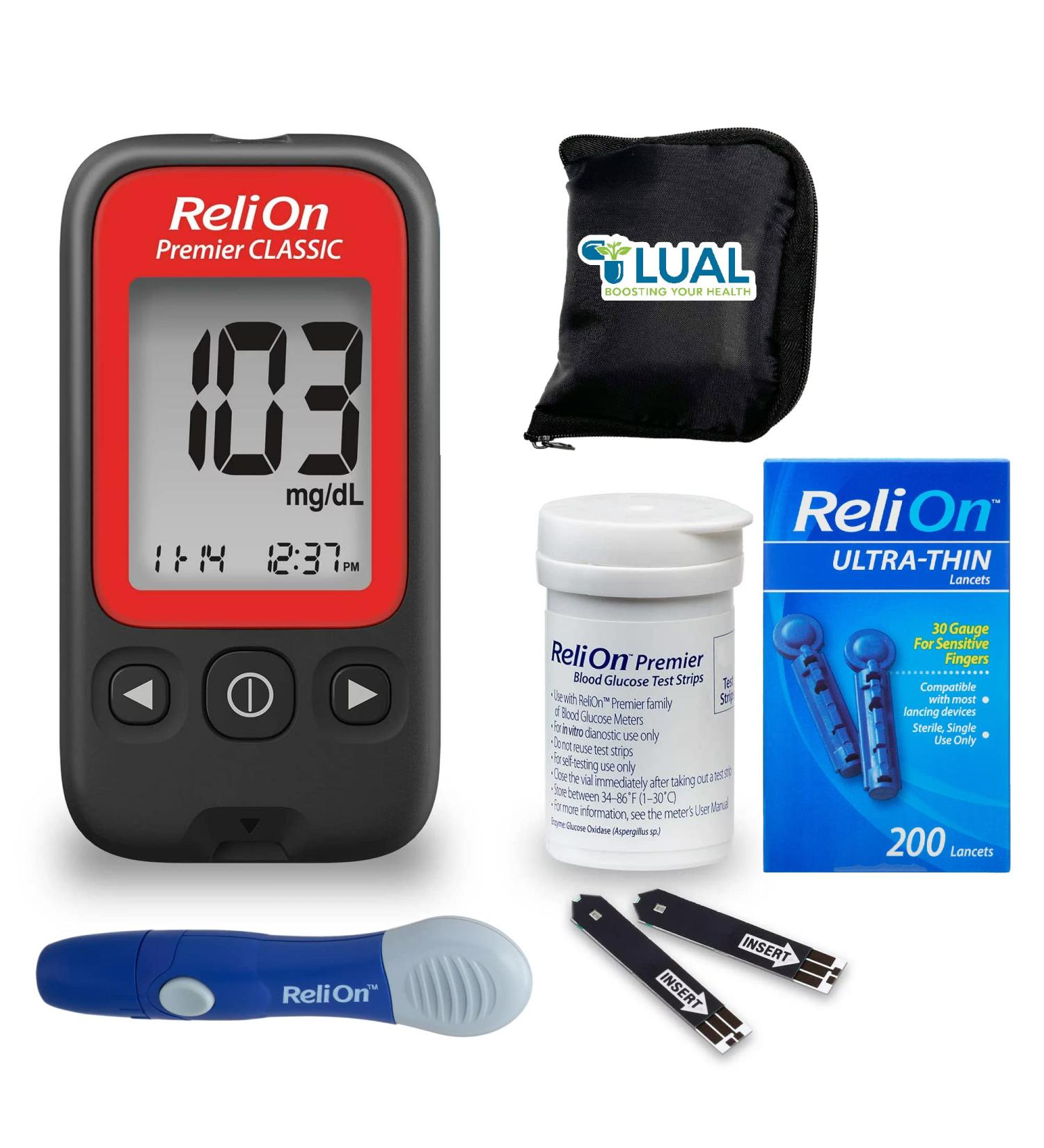 ReliOn Premier CLASSIC Blood Glucose Monitor Kit - 25 Test Strips, Lancing Device, Lancets, Travel Case - Diabetes Testing - Buy Online on GoSupps.com