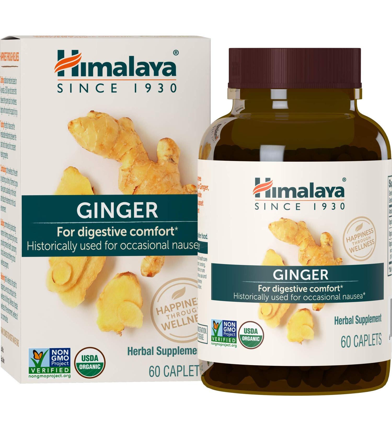 Himalaya Organic Ginger Digestive Relief Supplement - 820mg 60 Caplets - 2 Month Supply | Relieve Nausea, Gas, Upset Stomach - Buy Online on GoSupps.com