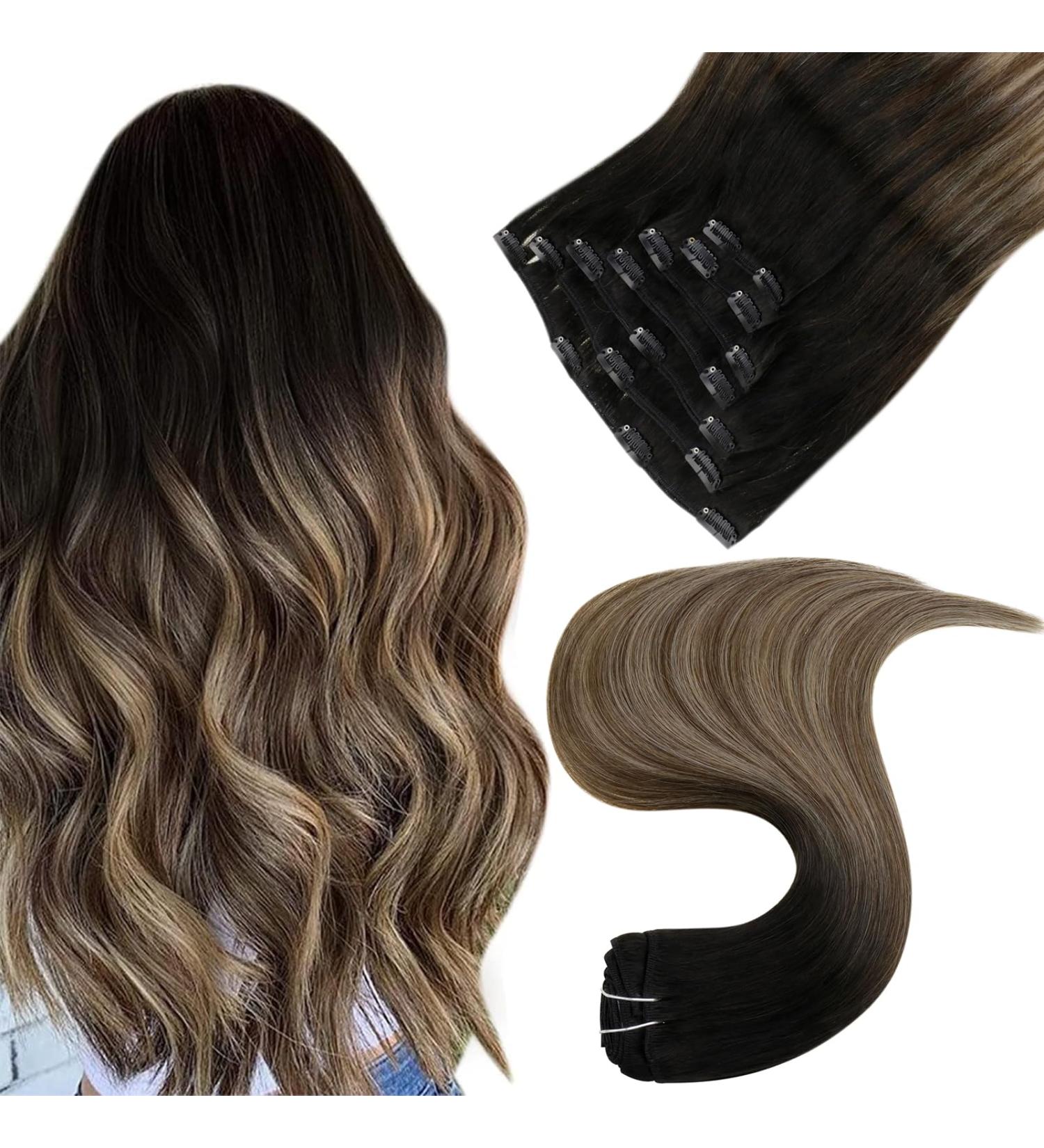 Easyouth Black Ombre Clip in Hair Extensions 14 Inch 70g 7Pcs - Balayage Black to Brown and Blonde Human Hair Clips - Buy Online on GoSupps.com
