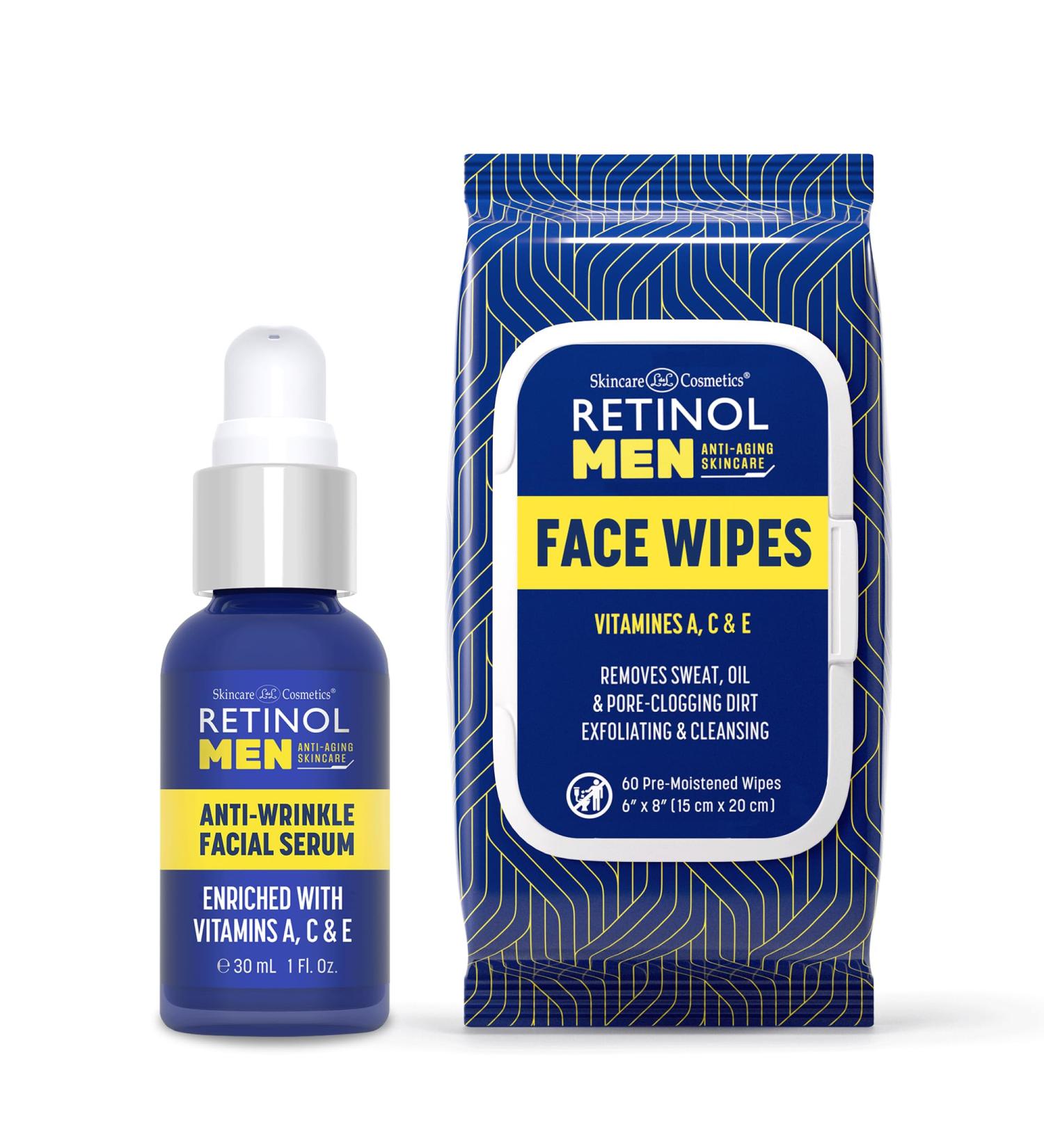 Retinol Men Facial Serum - Vitamin-Enriched Smooth Fine Lines & Wrinkles + Retinol Men Facial Wipes - Quickly Cleanses Face from sweat oil and pore-clogging dirt without any heavy residue - Buy Online on GoSupps.com