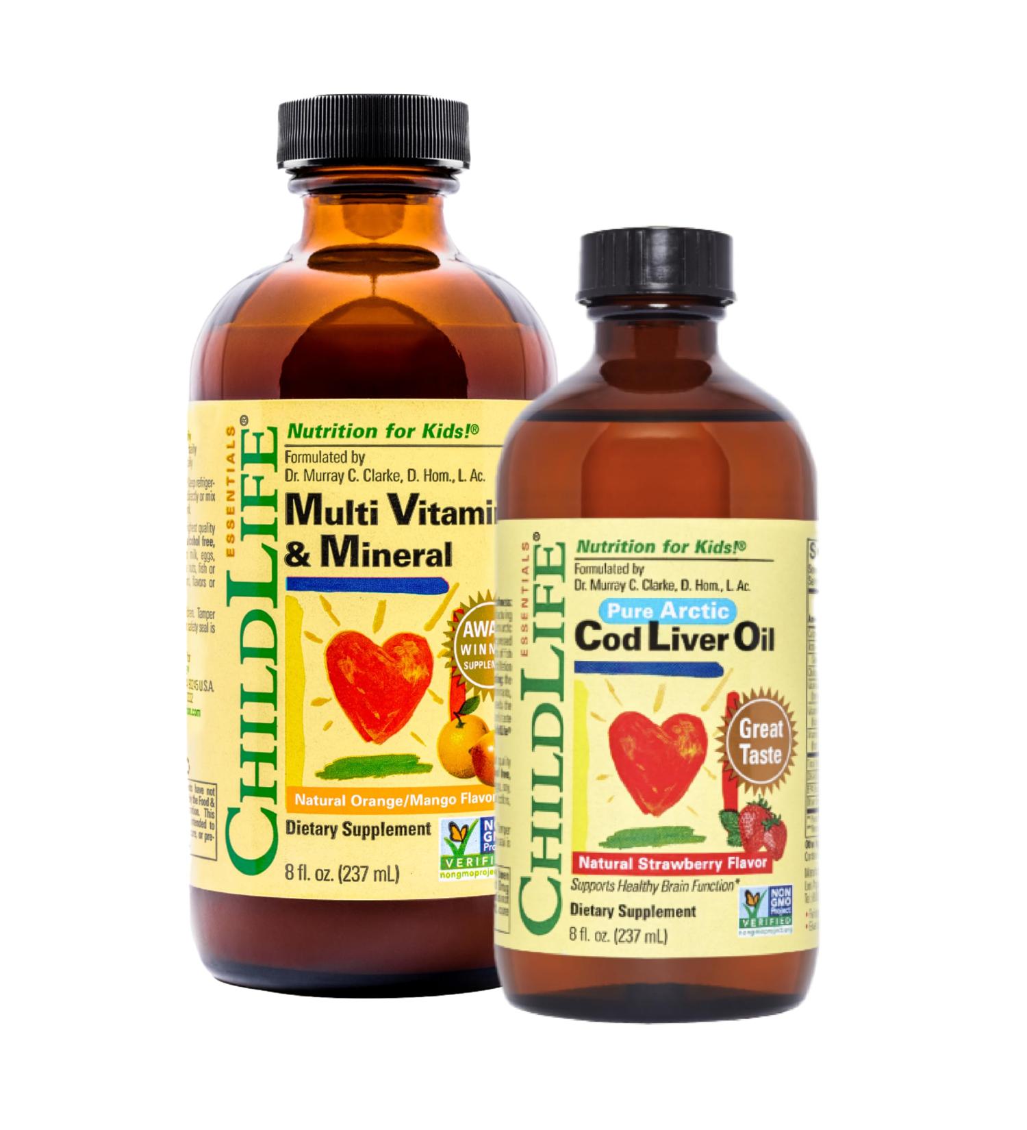 CHILDLIFE ESSENTIALS Kids Multivitamin & Mineral + Cod Liver Oil - Liquid Vitamins for Baby Kids & Toddlers Arctic Cod Liver Oil Added DHA EPA Omega-3 Fatty Acids Non-GMO Gluten Free - 2-Pack - Buy Online on GoSupps.com