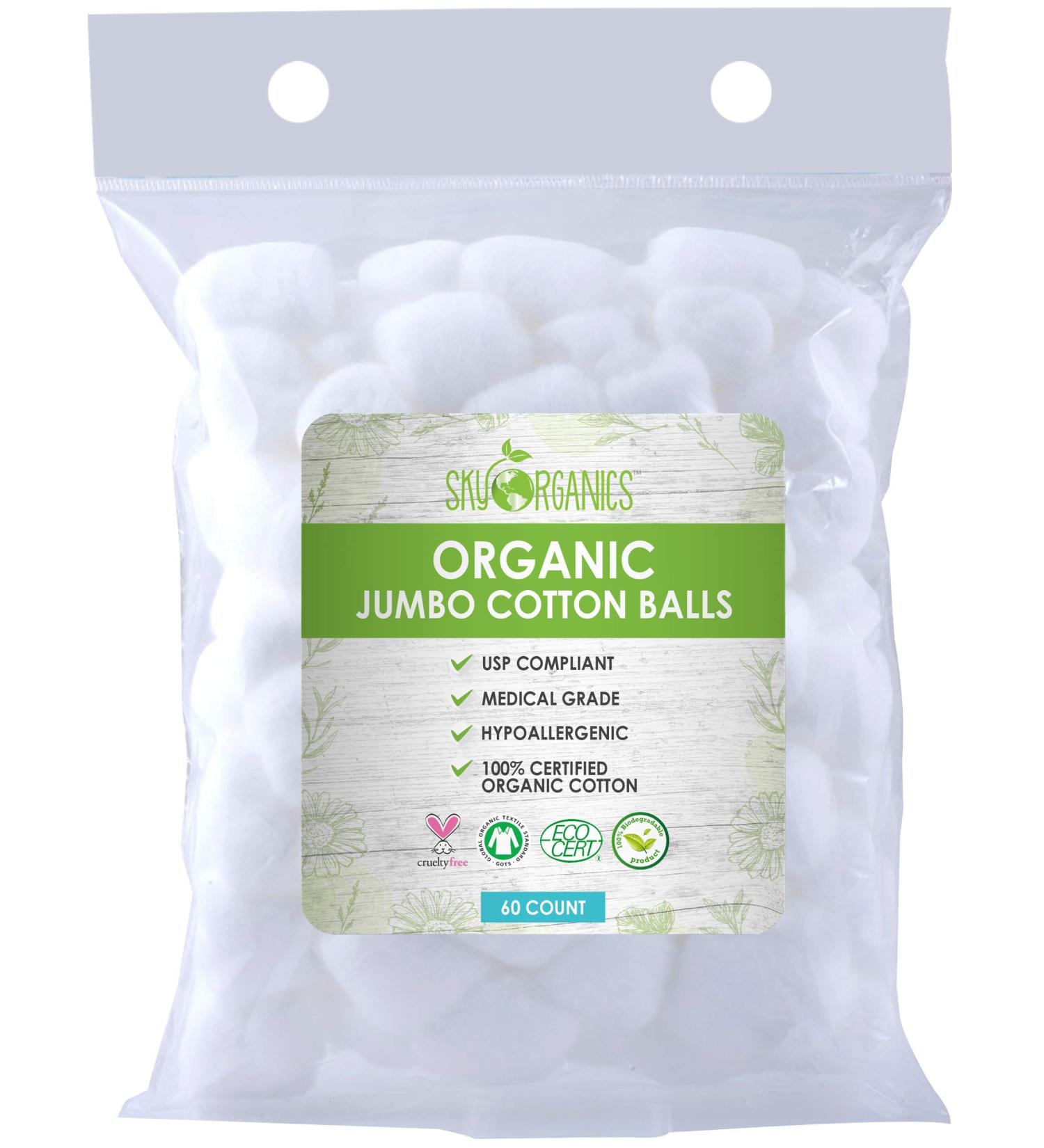 Sky Organics Organic Jumbo Cotton Balls - 60 Count | Eco-Friendly, Soft & Durable - Buy Online on GoSupps.com
