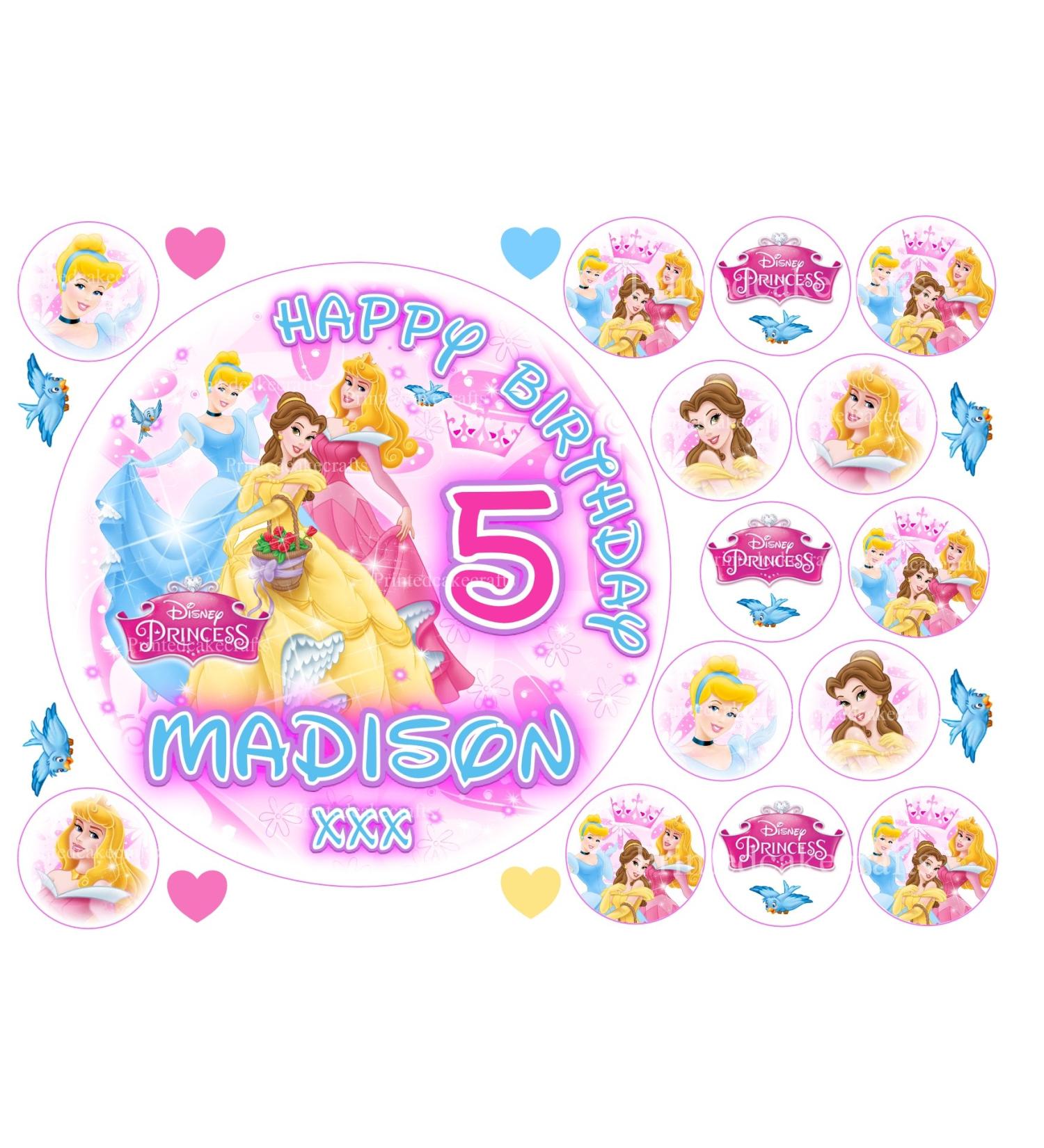 Edible Disney Princess 7" Icing Personalised Cake Topper + 14 Cupcake Toppers