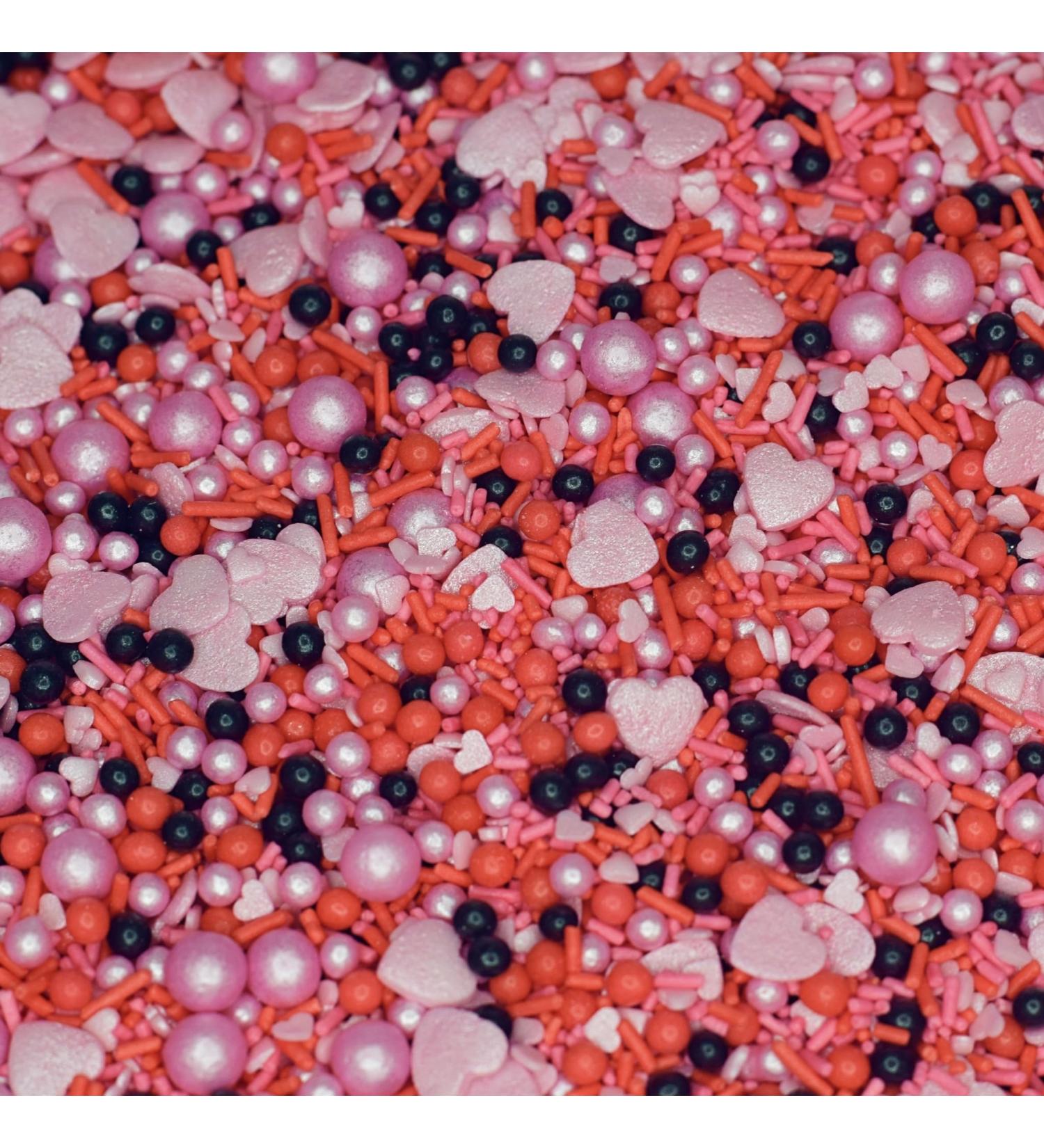 Love Bug Pink Black and Red Edible Heart Valentines Cake Topper Sprinkles - Edible Cupcake Decorations (60g)