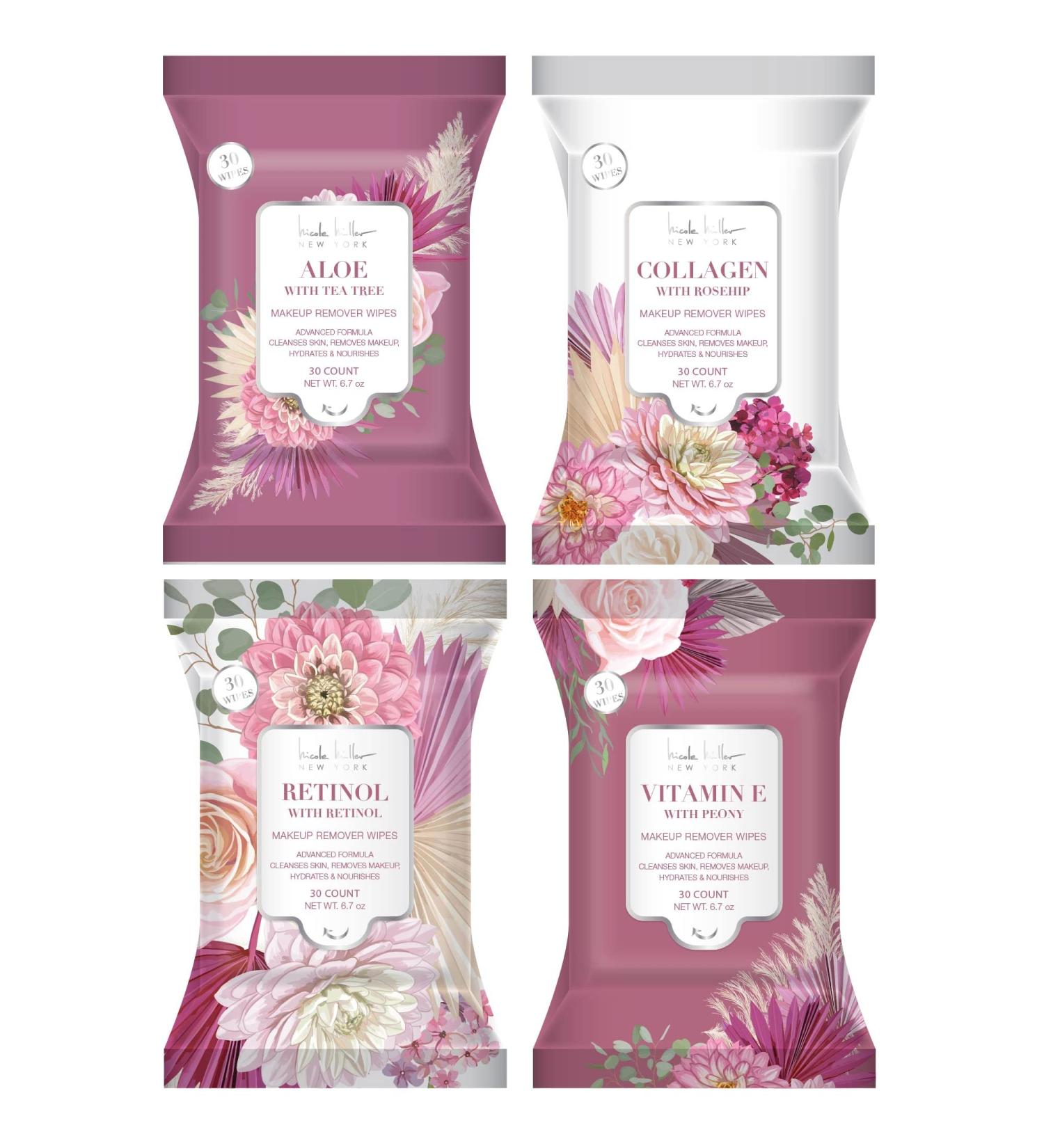 Nicole Miller 4 Pack Facial Cleansing Wipes | 120 Count | Removes Makeup, Dirt & Oil | Aloe, Tea Tree, Collagen, Rosehip, Vitamin E, Peony, Retinol, Lavender | Floral - Buy Online on GoSupps.com