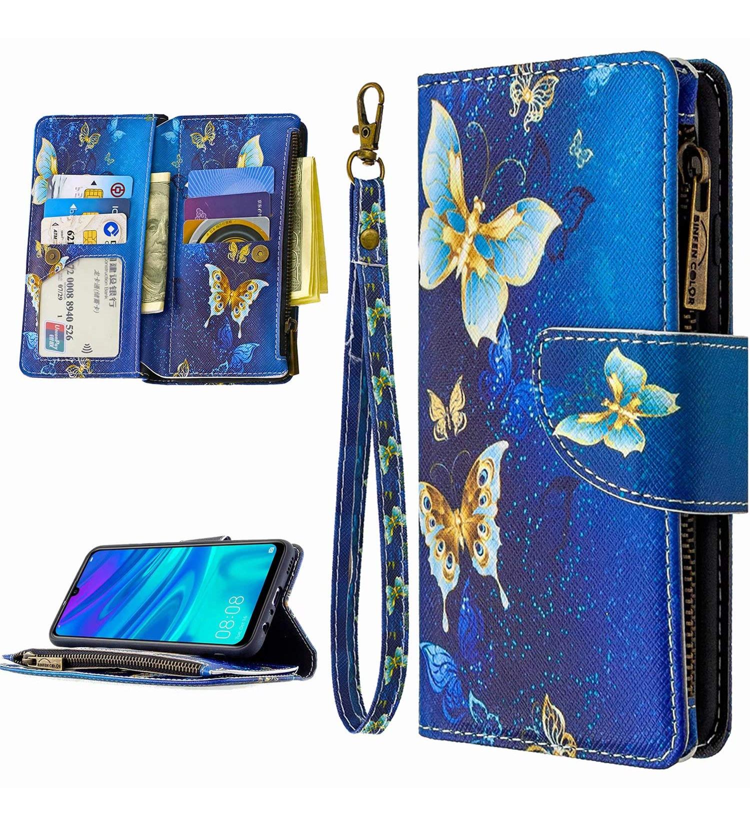 Miago Huawei Y6 2019 Leather Case - 9 Card Slots Colorful Zipper Flip Wallet PU Leather Protective Cover with Gold Butterfly - Buy Online on GoSupps.com