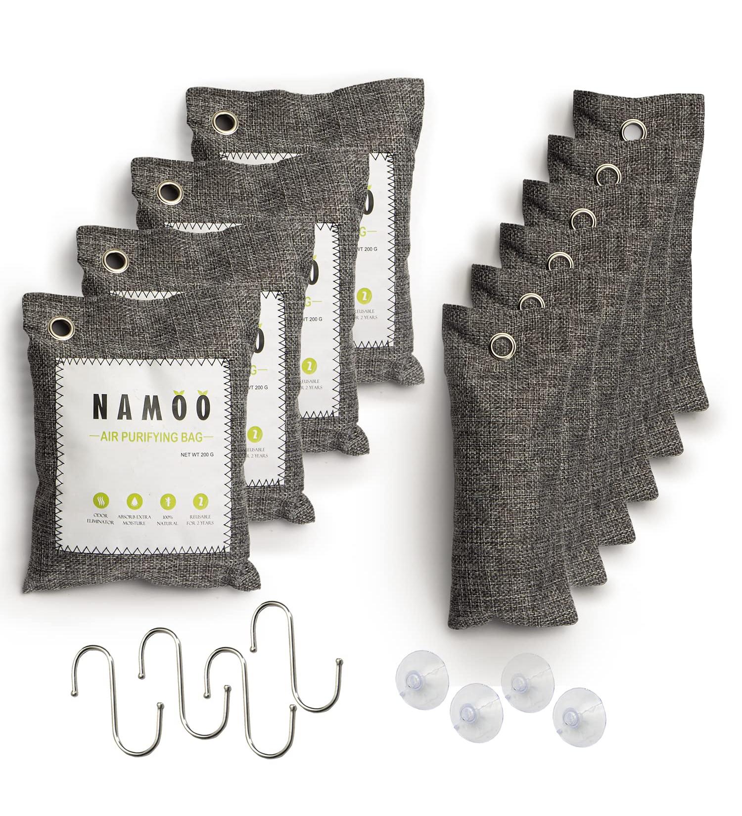 Namoo Natural Air Purifying Charcoal Bags - 10 Pack, Odor Eliminator with Hooks, Suction Cups - 200g x 4 Pack + 75g x 6 Pack - Buy Online on GoSupps.com