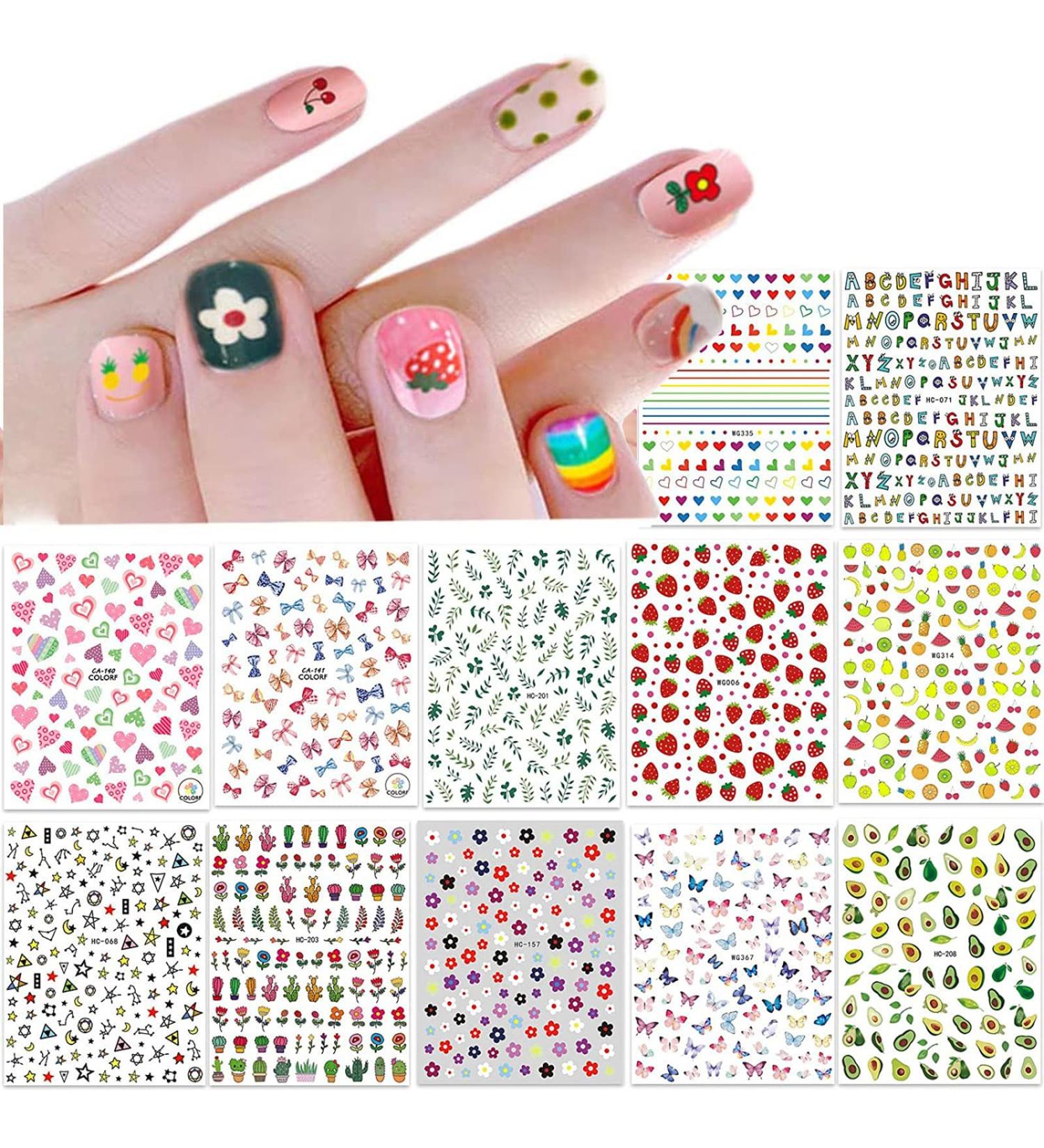 Cute Nail Stickers for Kids & Little Girls - 12 Sheets Self-Adhesive Nail Decals with Christmas Flowers, Animals, Plants, Fruits - Nail Art Decoration for Women - Buy Online on GoSupps.com