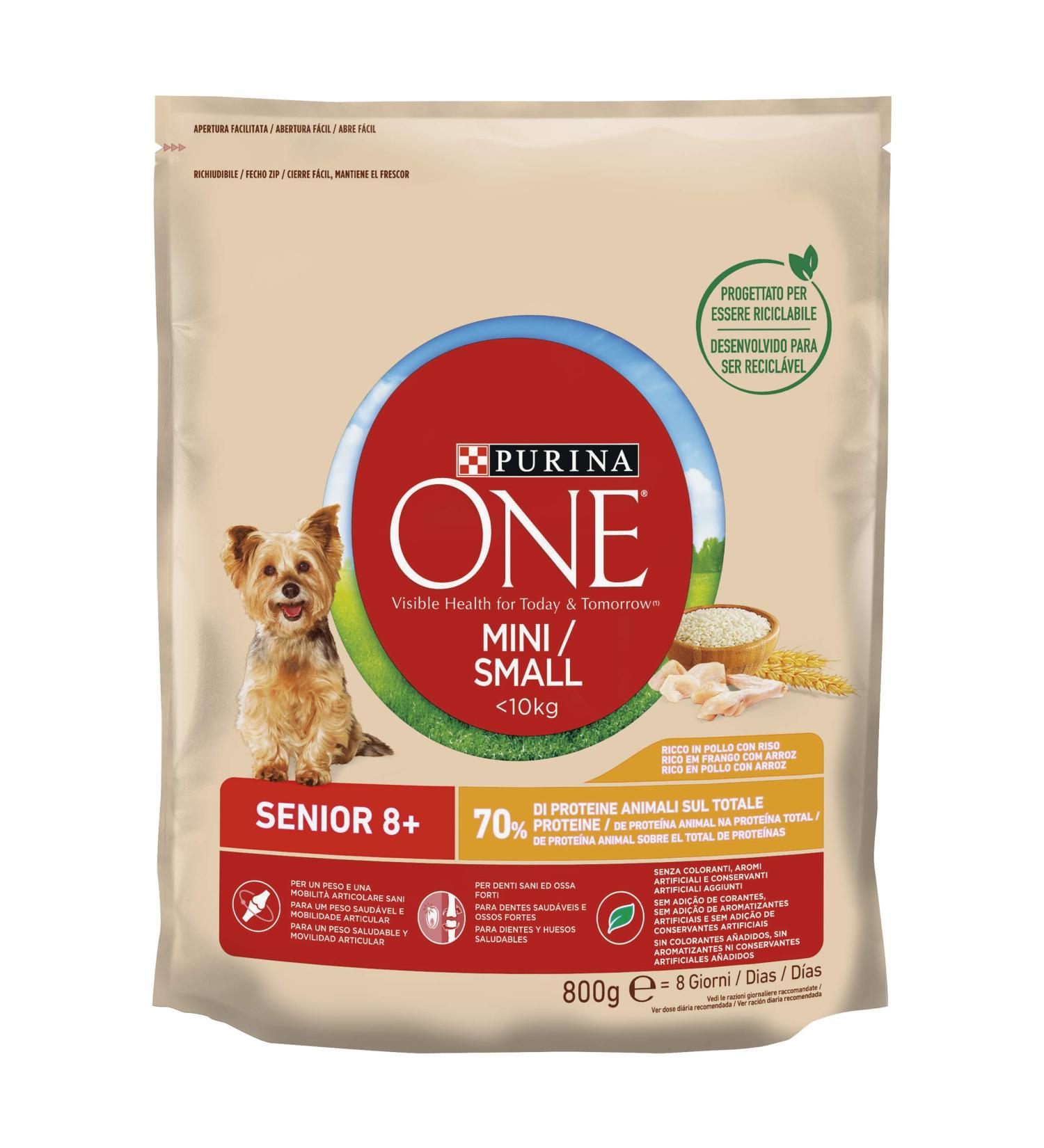 Purina ONE Mini 10 kg for Small Dogs with Dental Care with Chicken and Rice 8 Bags of 800 g - Buy Online on GoSupps.com