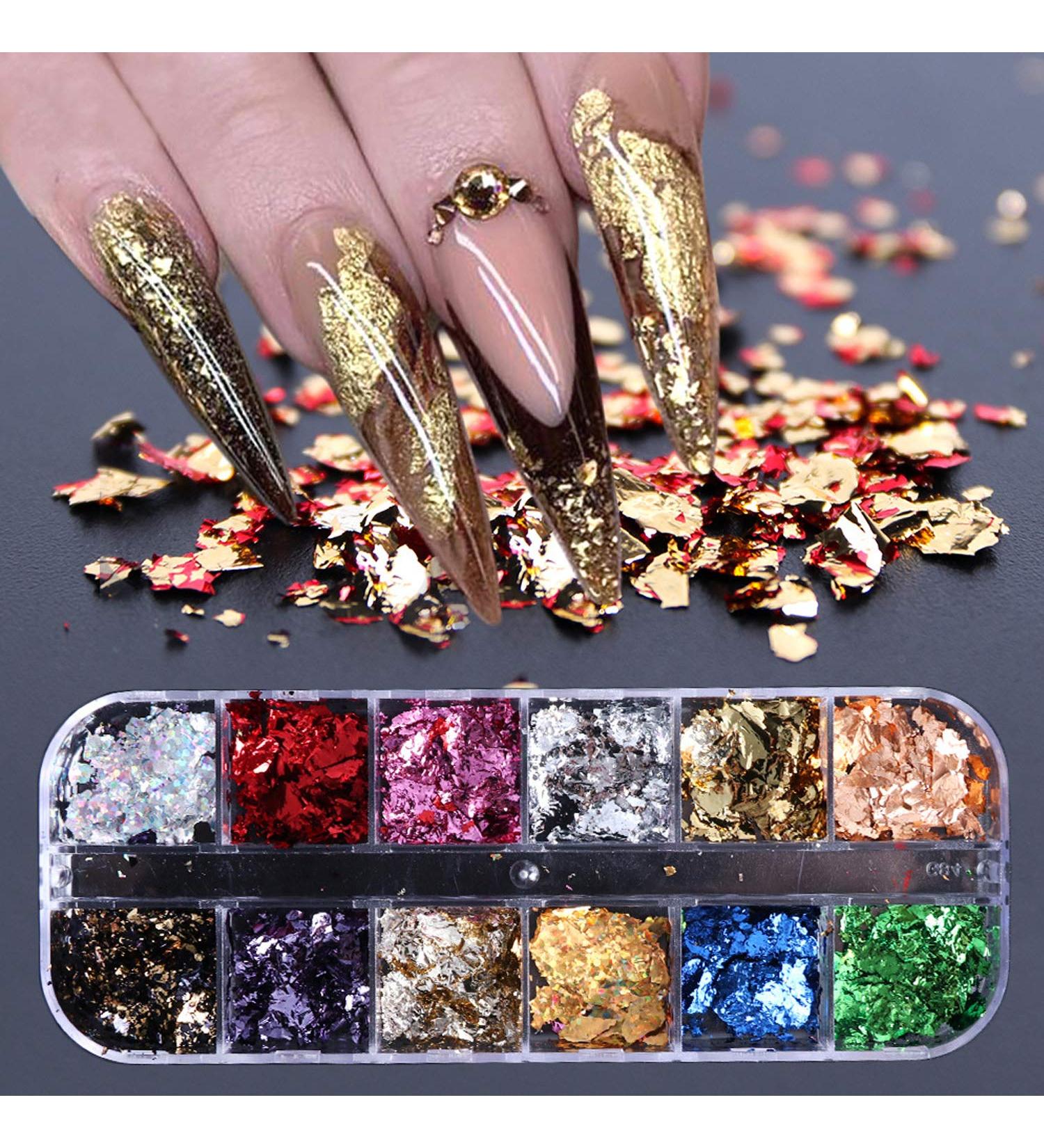 Gold Foil Nail Art Set - DIY Manicure Decals, Stickers, Charms, Fragments - Nail Foil Decoration Kit with Gold and Silver Leaf Flakes - 12 Grids/Set - Buy Online on GoSupps.com