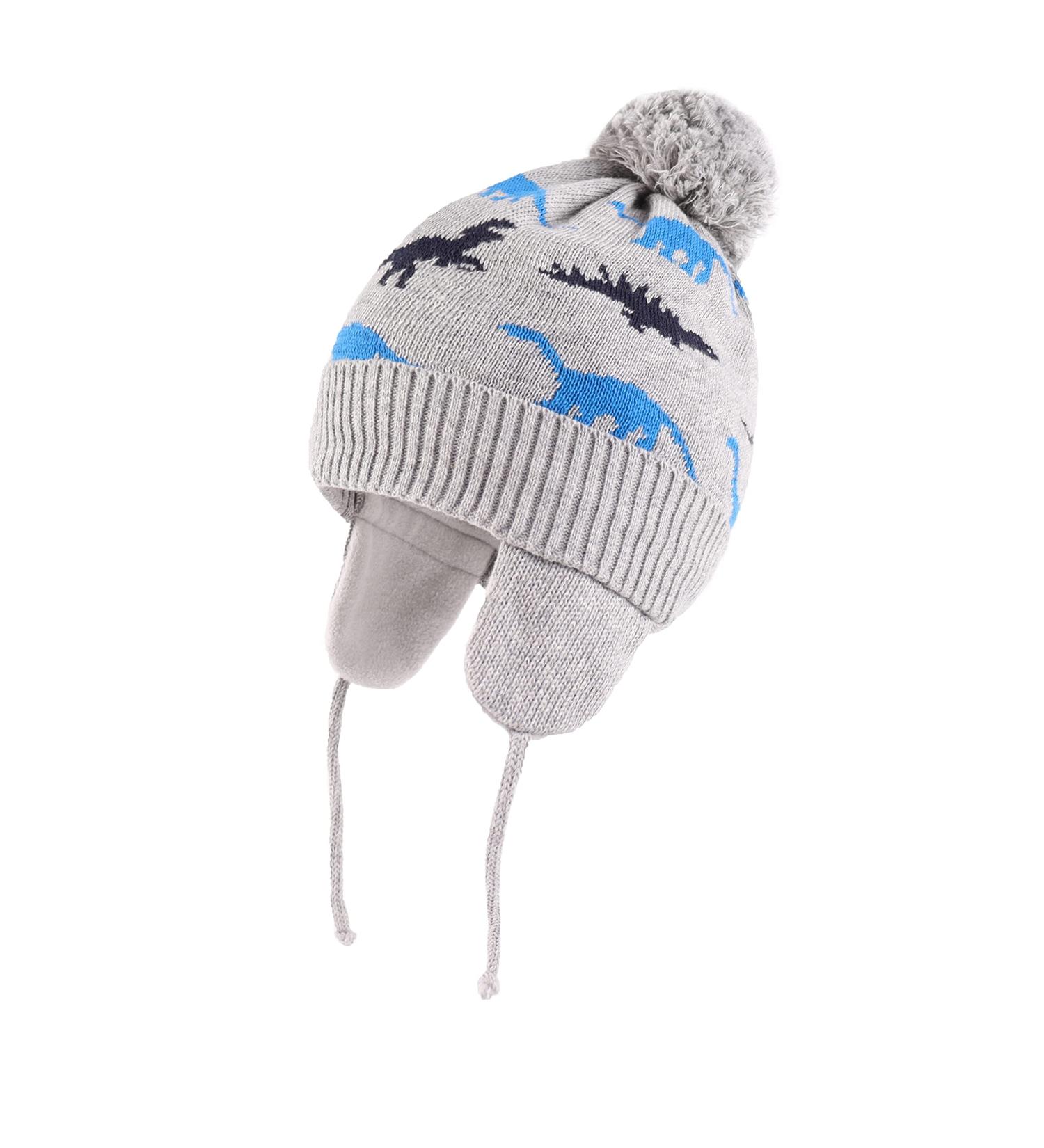 LANGZHEN Toddler Winter Hat - Fleece Lined Knit Cap for Baby Boys Girls 6-12 Months - Grey-Blue Dinosaur Design - Buy Online on GoSupps.com