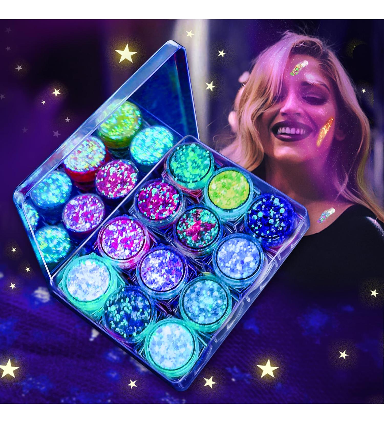 Sunnylisa 12 Colors Fluorescent Body Glitter Gel - Mermaid Sequin Sparkling Makeup for Festivals & Birthdays with 2 Brushes - Buy Online on GoSupps.com