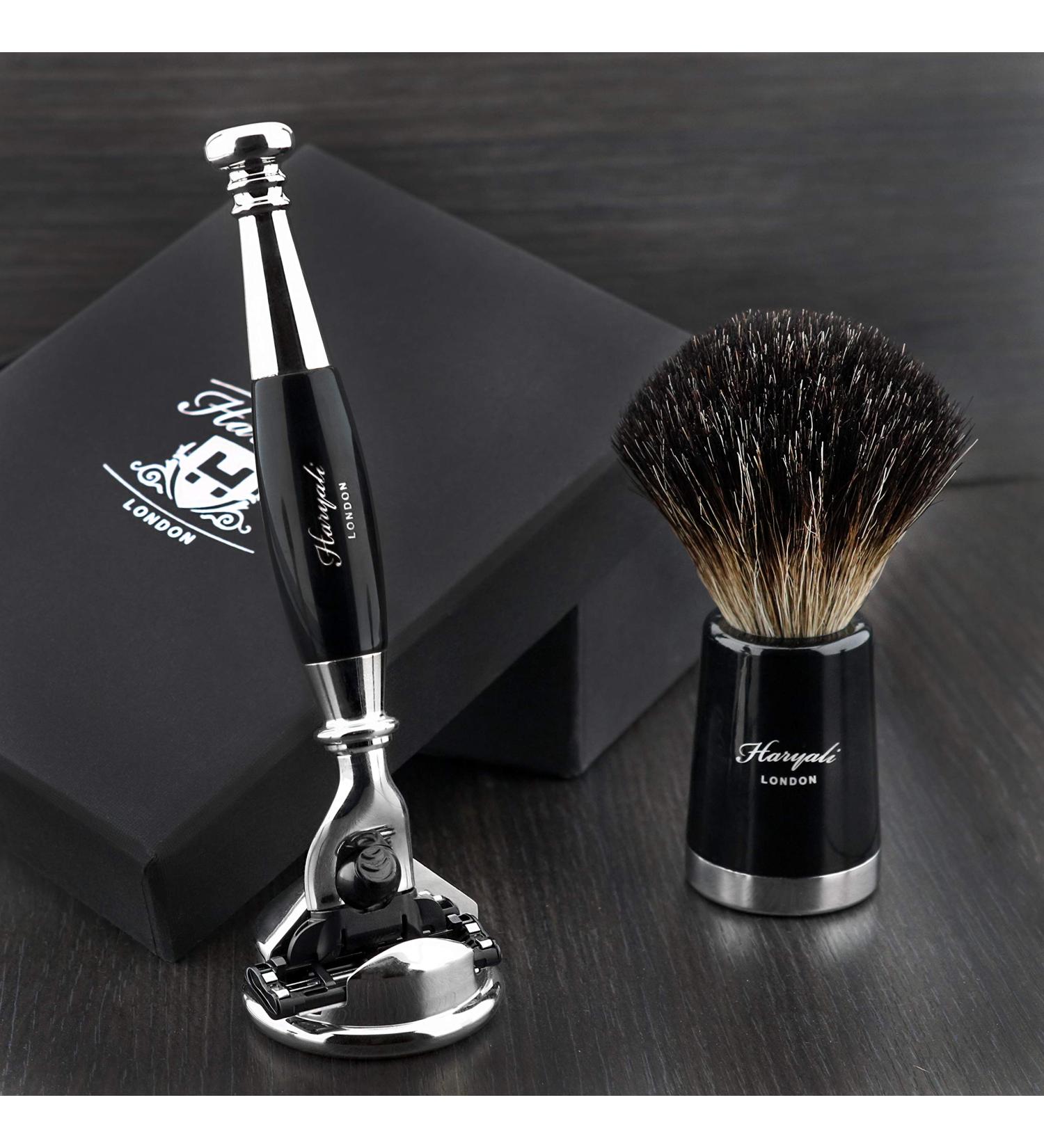 Premium Men's Shaving Kit: 3 Edge Razor Black Badger Hair Brush & Elegant Stand - Buy Online on GoSupps.com