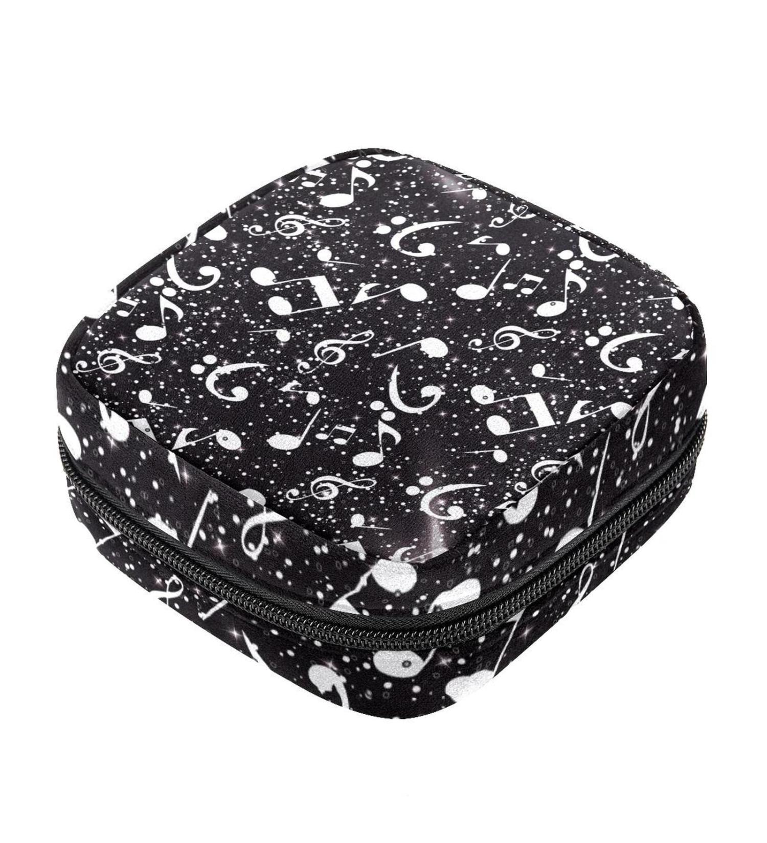 Stylish Menstruation Pad Bag with Zipper - Women's Napkin & Tampon Collection Bag (Black & White Abstract Music) | Eco-Friendly & Functional - Buy Online on GoSupps.com