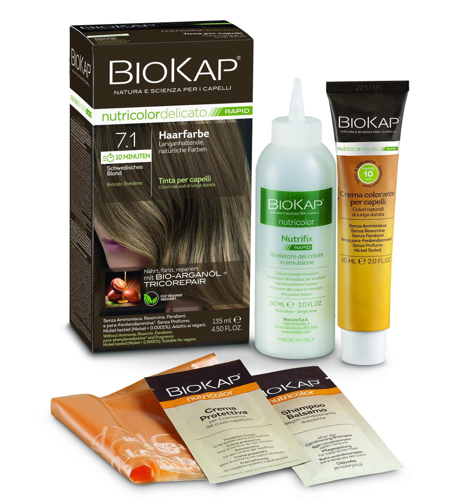 Biocap Rapid Permanent Hair Color 7.1 Swedish Blonde - Vegan Organ Oil 10 Min Exposure Optimal Gray Coverage 80% Natural Ingredients - Shop Now! - Buy Online on GoSupps.com