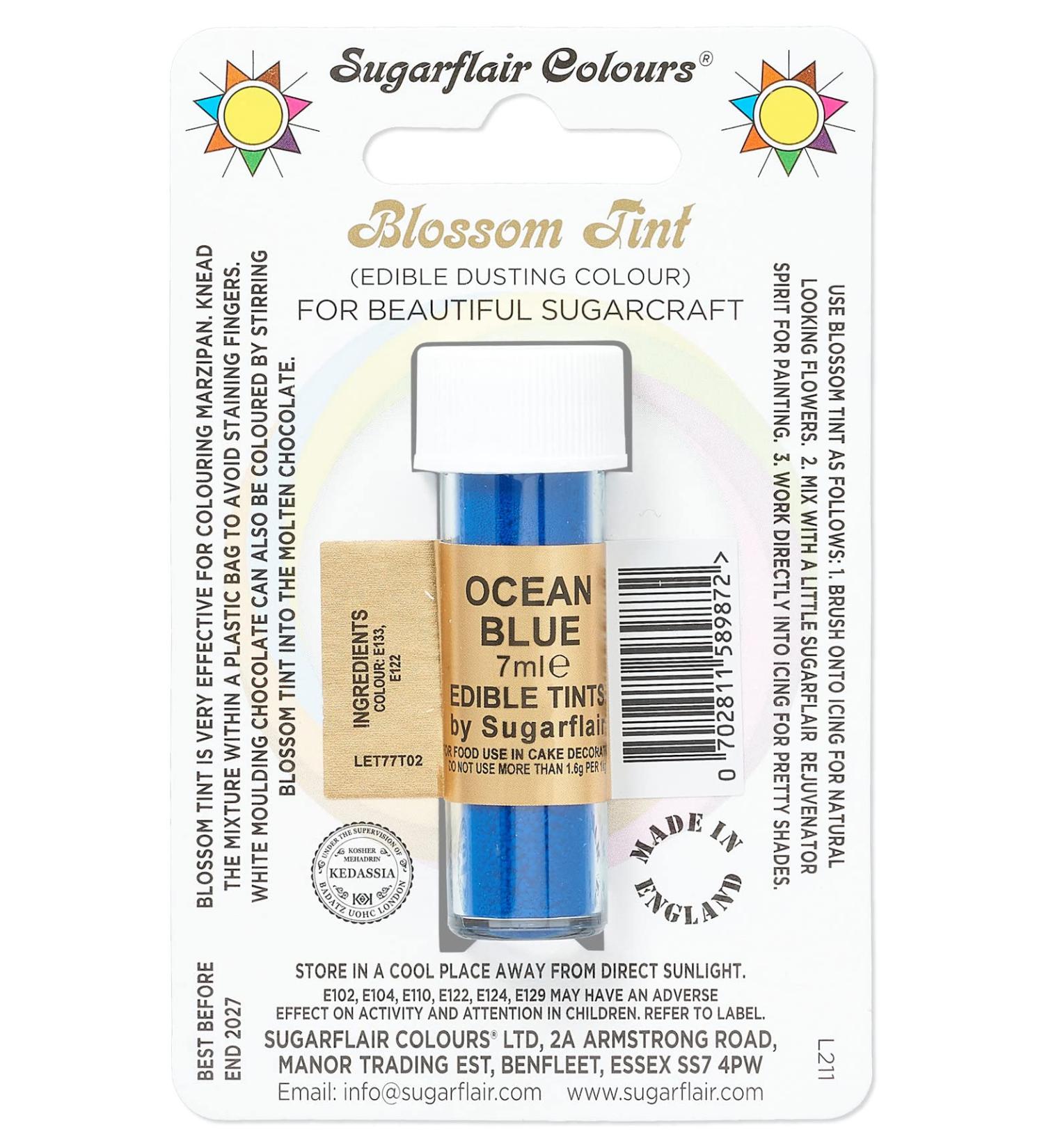 Sugarflair Ocean Blue Blossom Tint Food Colouring and Dusting Powder Matt Finish Brush On or Mix with Rejuvenator Spirit to Create a One of A Kind Cake - 7ml