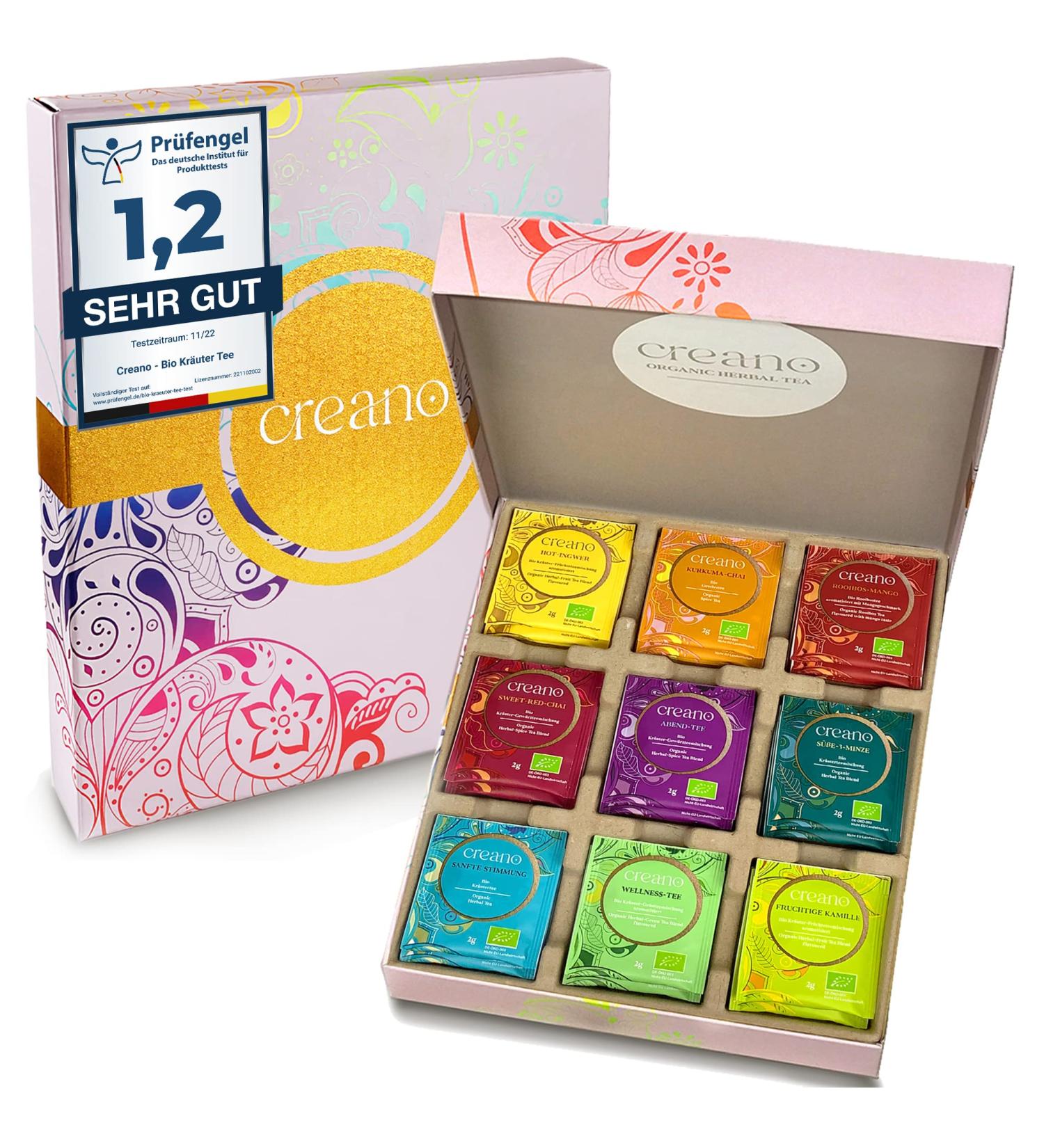 Creano Organic Herbal Tea Gift Set - 45 Tea Bags in 9 Varieties - Perfect Gift for Tea Lovers - Organic Quality - 2022 Edition - Buy Online on GoSupps.com