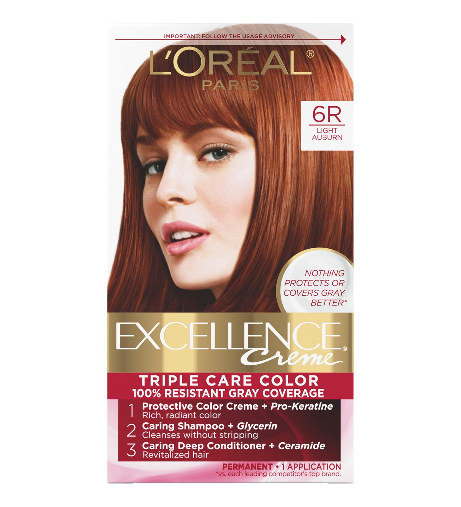 L'Oreal Paris Excellence Creme 6R Light Auburn Hair Color - Gray Coverage, 8 Weeks of Triple Care - 1 Count Pack for All Hair Types - Buy Online on GoSupps.com