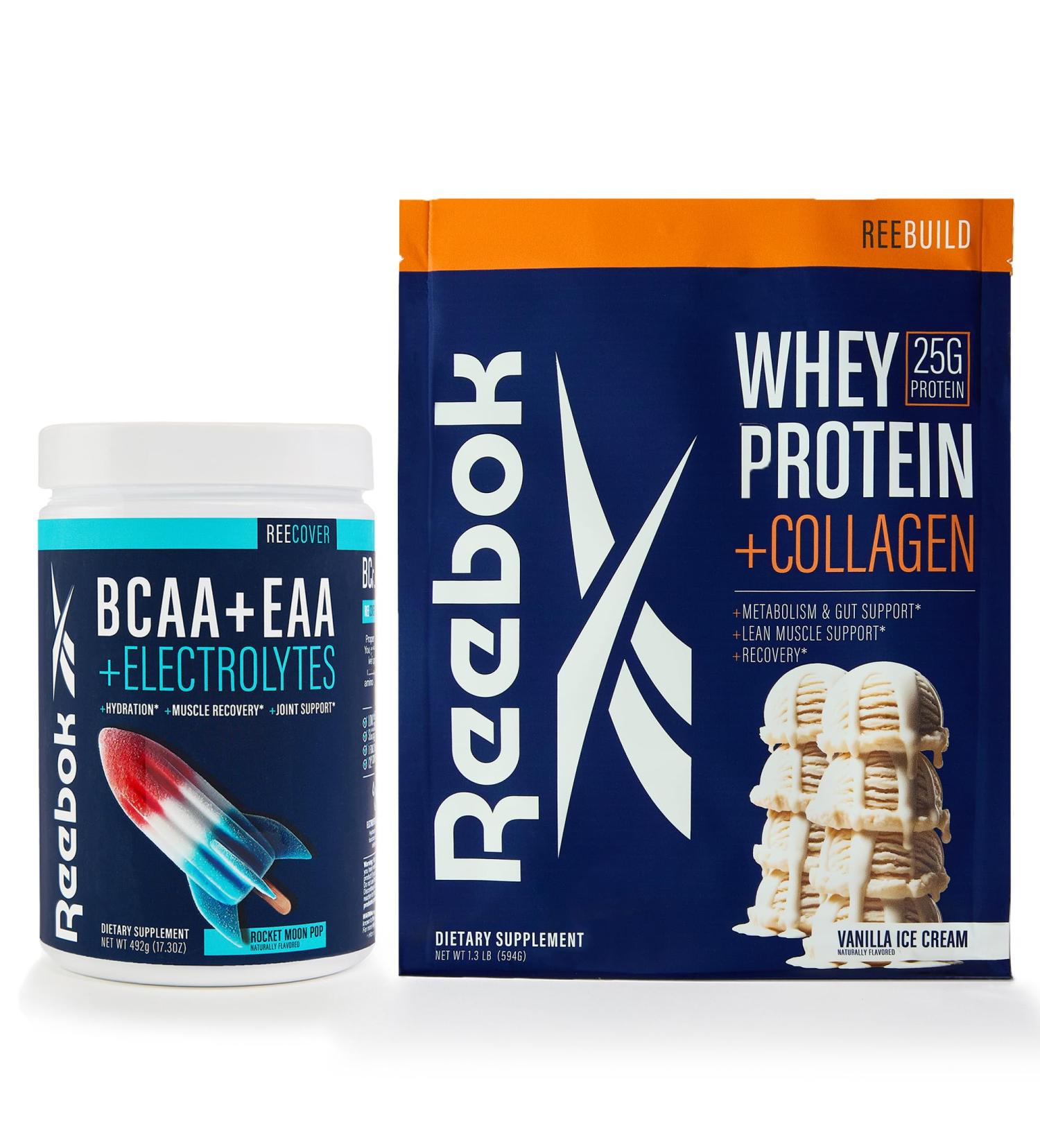 Reebok Post-Workout Amino Acids + Protein Bundle: REECover Rocket Moon Pop + REEBuild Vanilla Ice Cream | Muscle Recovery Hydration Strength Joint Support - Buy Online on GoSupps.com