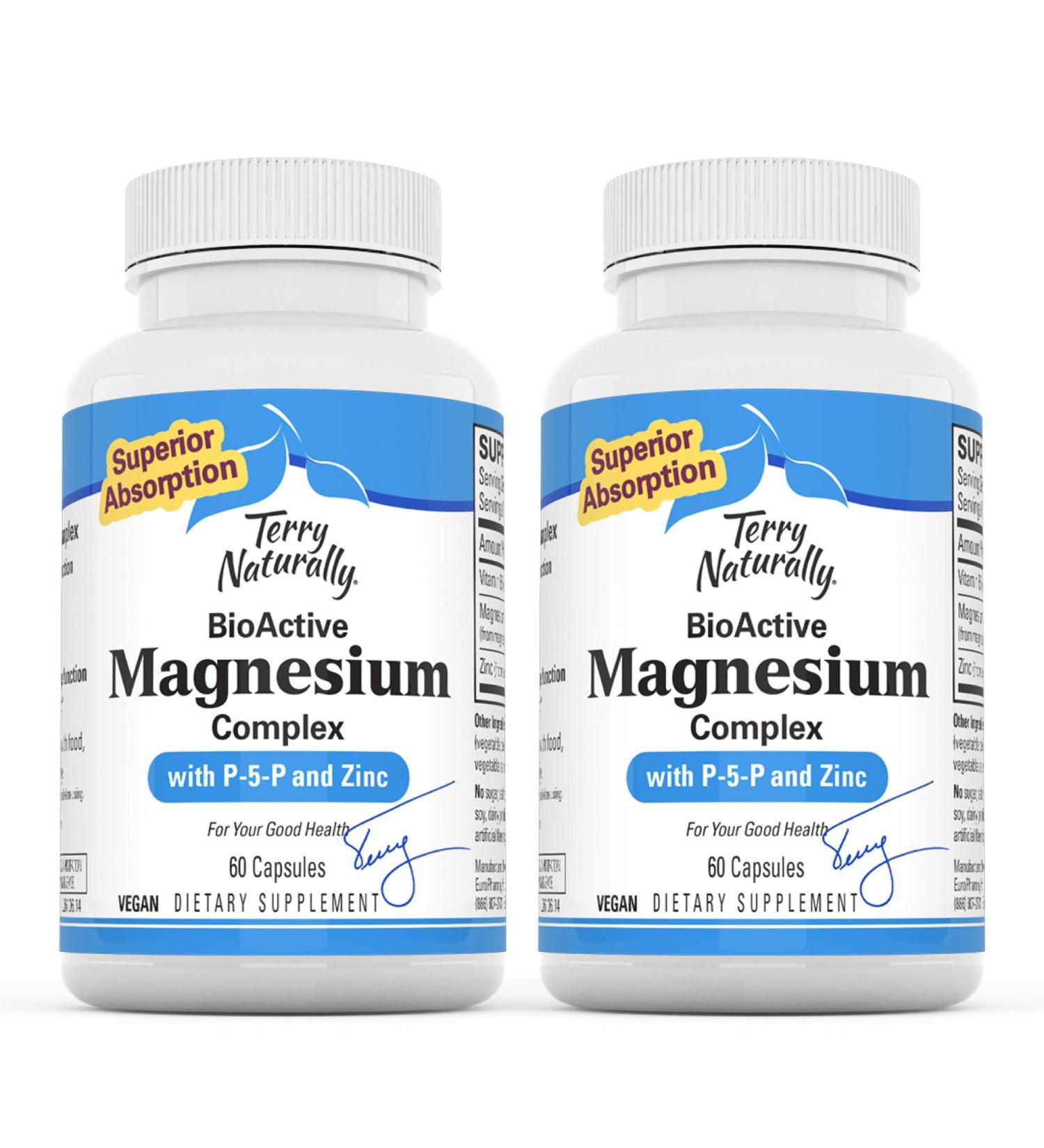 Terry Naturally BioActive Magnesium Complex (2 Pack) - 60 Vegan Capsules - Supports Heart Health with Vitamin B6, Zinc, and Magnesium - 120 Servings - Buy Online on GoSupps.com