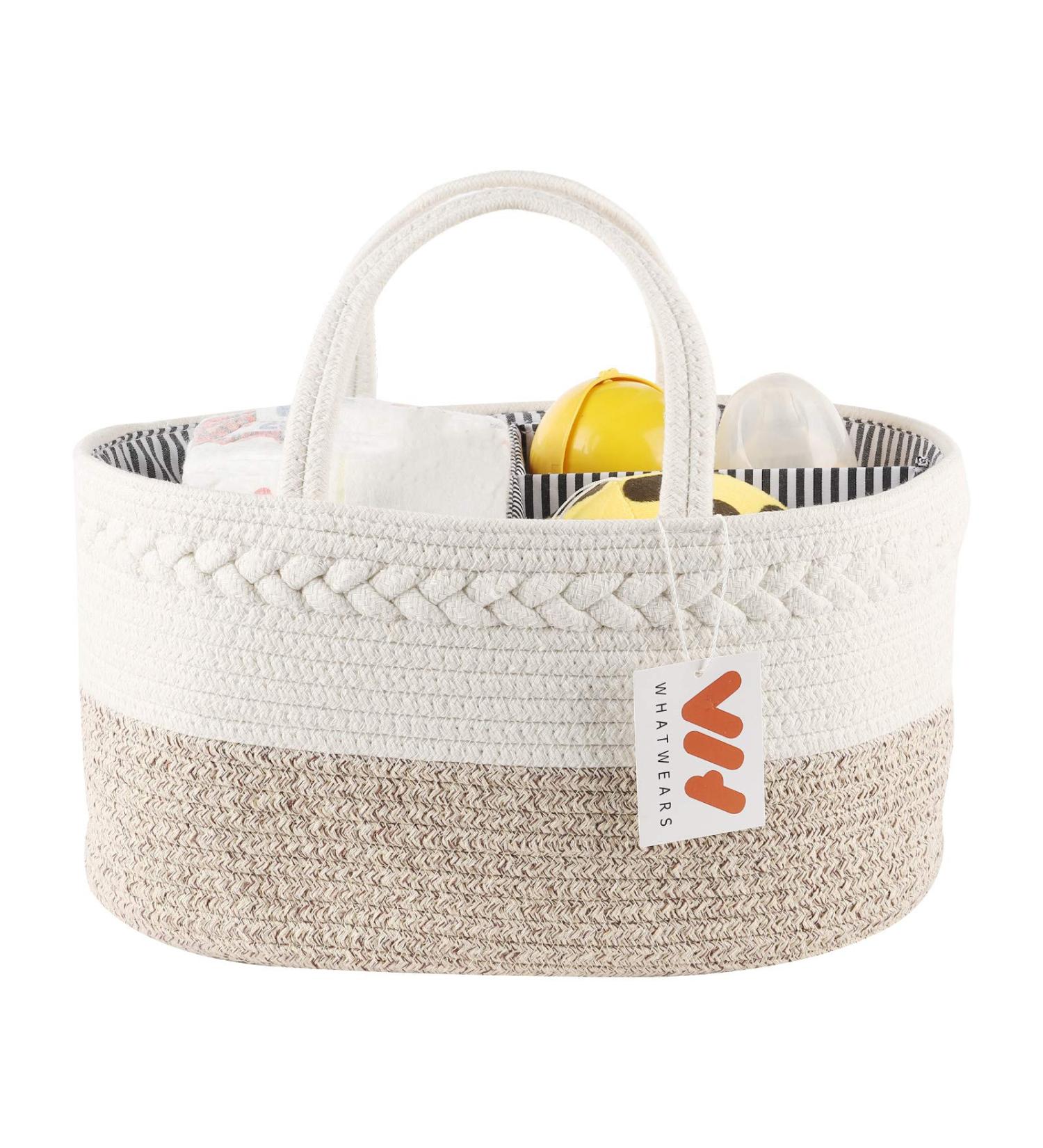 WHATWEARS Baby Diaper Caddy Organizer - Portable Cotton Rope Basket for Boys and Girls - Yellow Nursery Storage with Compartments - Buy Online on GoSupps.com
