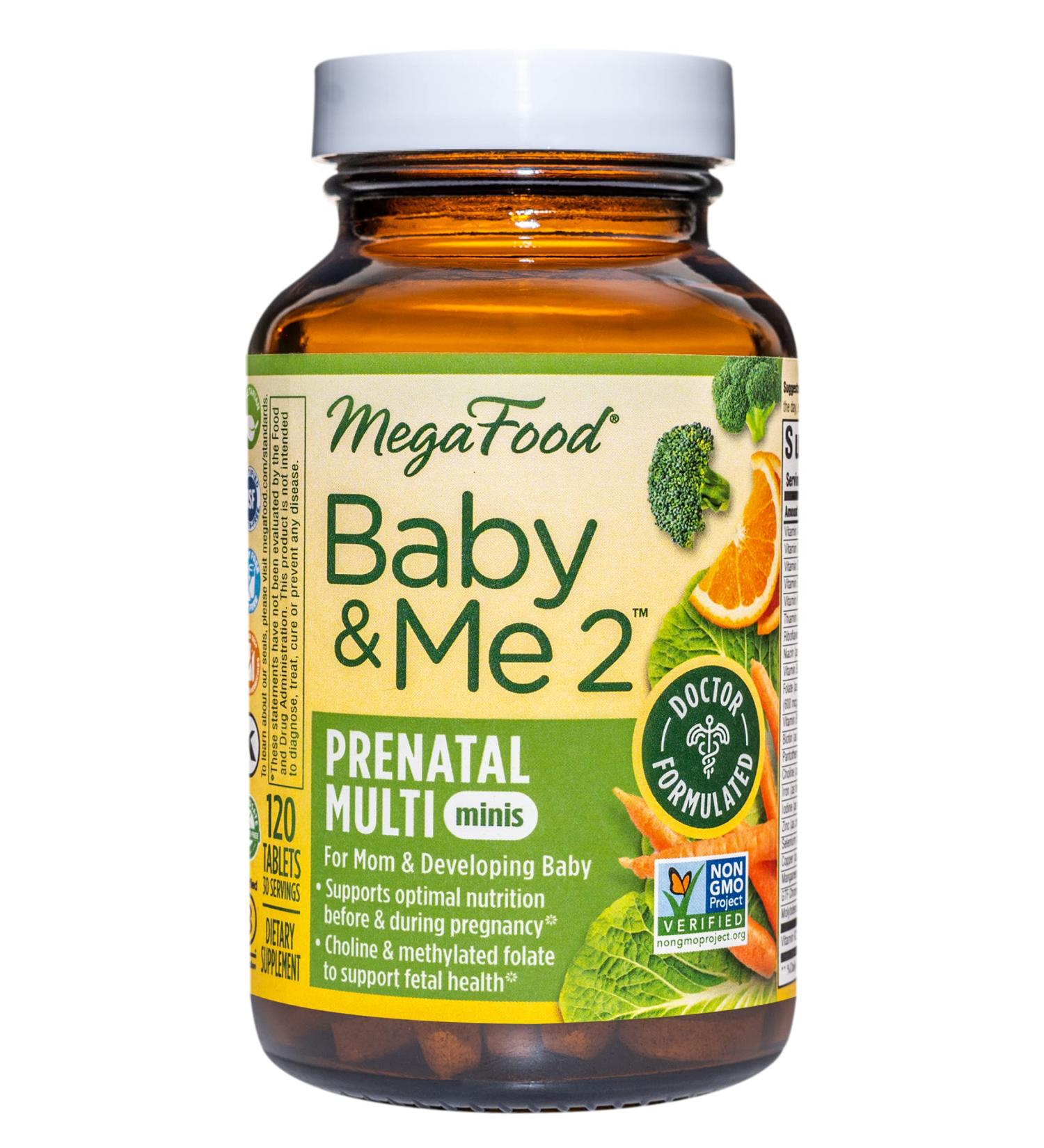 MegaFood Baby & Me 2 Prenatal Multi Minis - Non-GMO Prenatal Vitamins with Folic Acid, Choline, Biotin - 120 Tabs - Buy Online on GoSupps.com