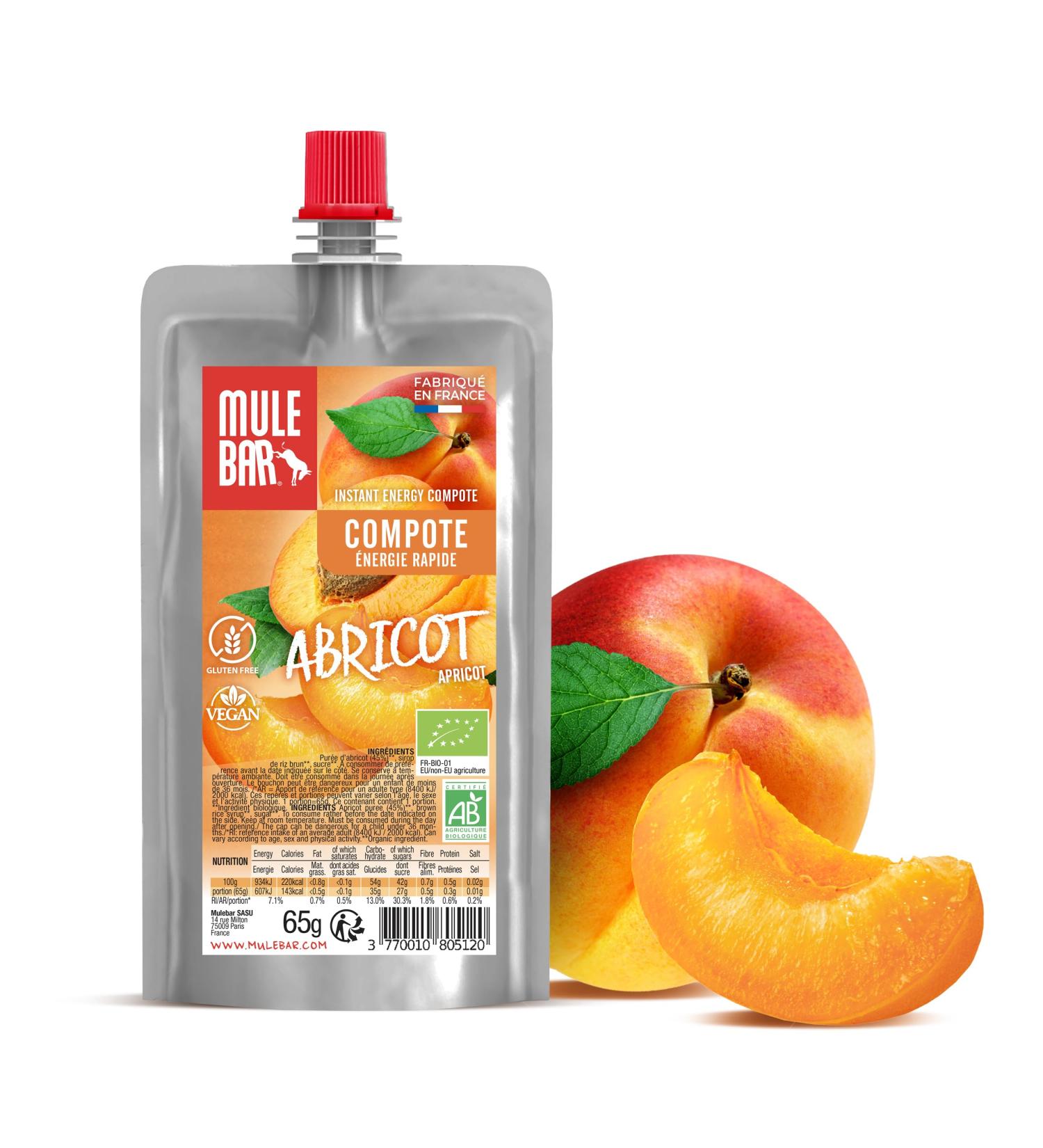 Mulebar - Sport Energy Compote - Apricot - 65g - Organic - Vegan - Gluten Free - Resealable - Made in France - Buy Online on GoSupps.com
