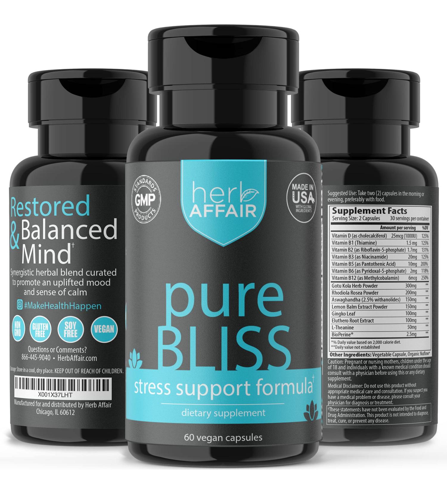 Pure Bliss Stress Relief Supplement - Calm Mood & Ease Worry with Ashwagandha, L-Theanine, Vitamin B & D3 - 60 Vegan Capsules - Buy Online on GoSupps.com