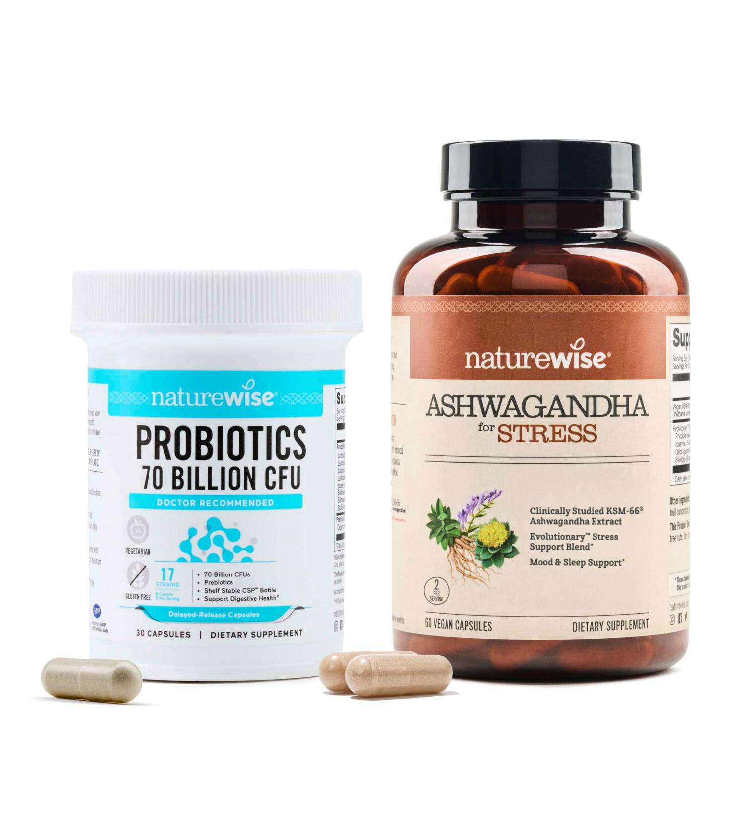 NatureWise 1 Probiotics 70 Billion CFU + Organic Prebiotics - 30 Capsules 1-Month Supply + 1 Ashwagandha for Stress + GABA & L-Theanine - 60 Capsules 30-Day Supply  - Buy Online on GoSupps.com