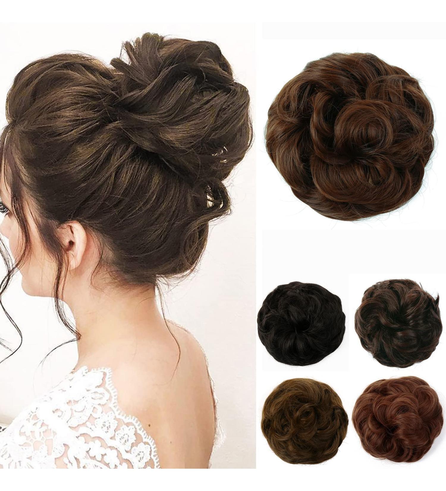 JJstar Messy Hair Bun Scrunchies for Women & Girls - Medium Brown Curly Wavy Synthetic Chignon Accessories - Buy Online on GoSupps.com