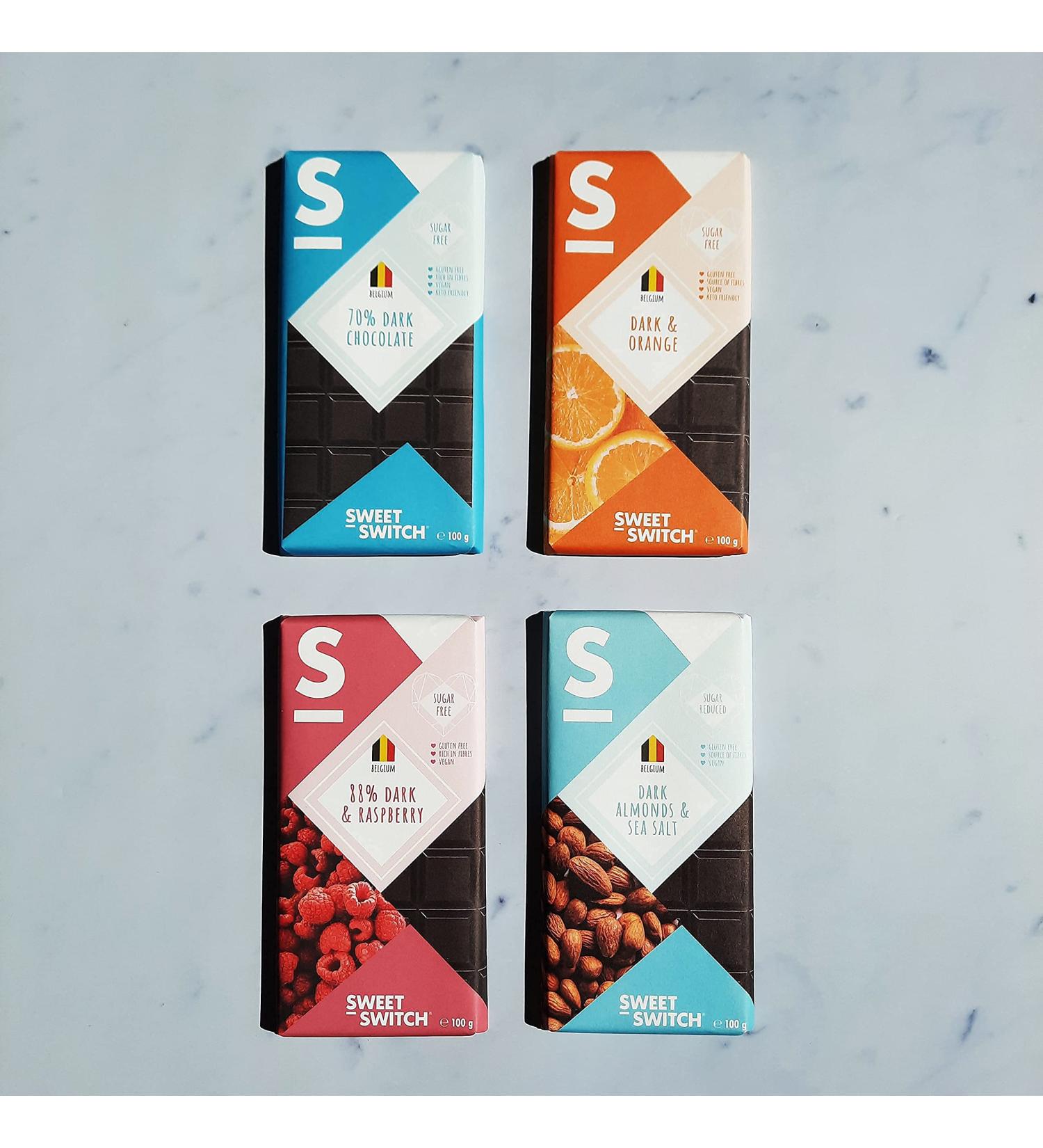  Sweet Switch SWEET-SWITCH - 4 x 100g - Dark Chocolate Mix - 70% Dark Chocolate - 53% + Orange - 53% + Almonds & Sea Salt - 88% + Raspberry - Sugar-Free - Gluten-Free - Vegan - KETO - Buy Online on GoSupps.com