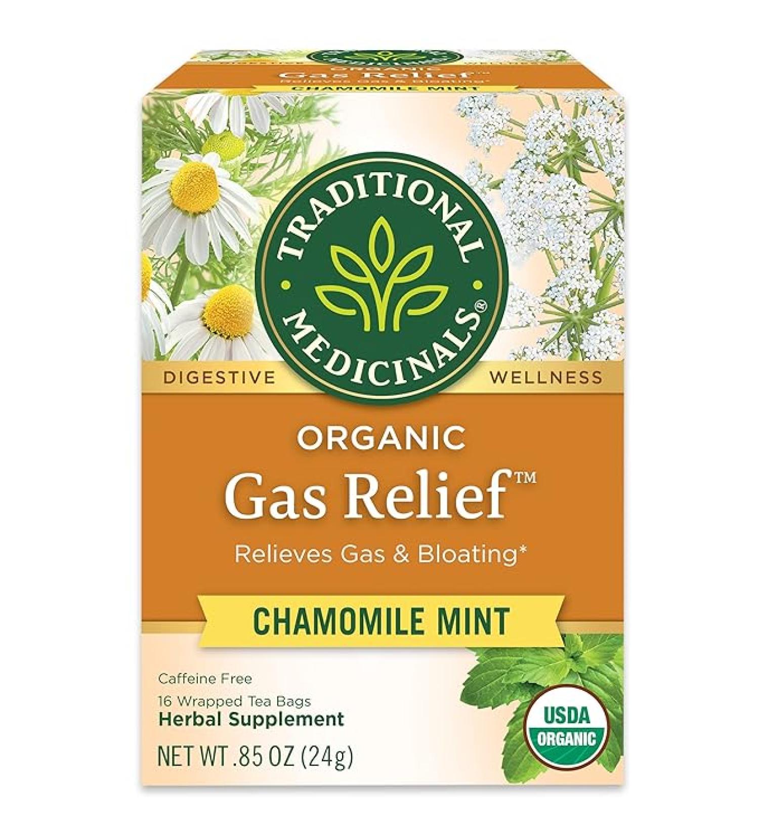 Traditional Medicinals Organic Gas Relief Chamomile Mint Herbal Tea, Relieves Gas & Bloating, (Pack of 1) - 16 Tea Bags - Buy Online on GoSupps.com