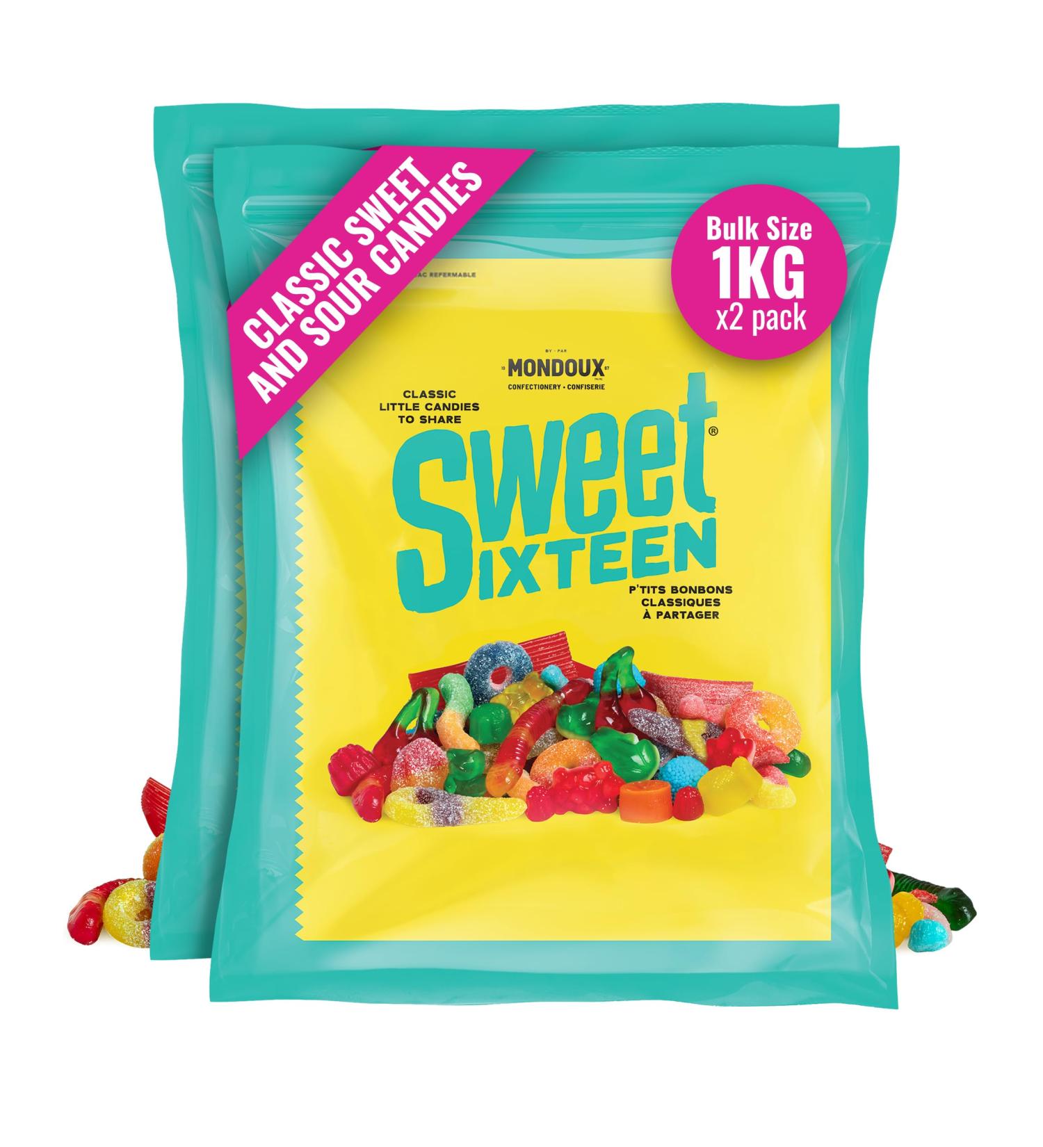 Sweet Sixteen Original Candy Classic Mix of Sweet and Sour-Coated Gummies 2 packs x 1kg Peanut & Nut-Free Candies Soft Chewy and Always Fresh 1 kg (Pack of 2)