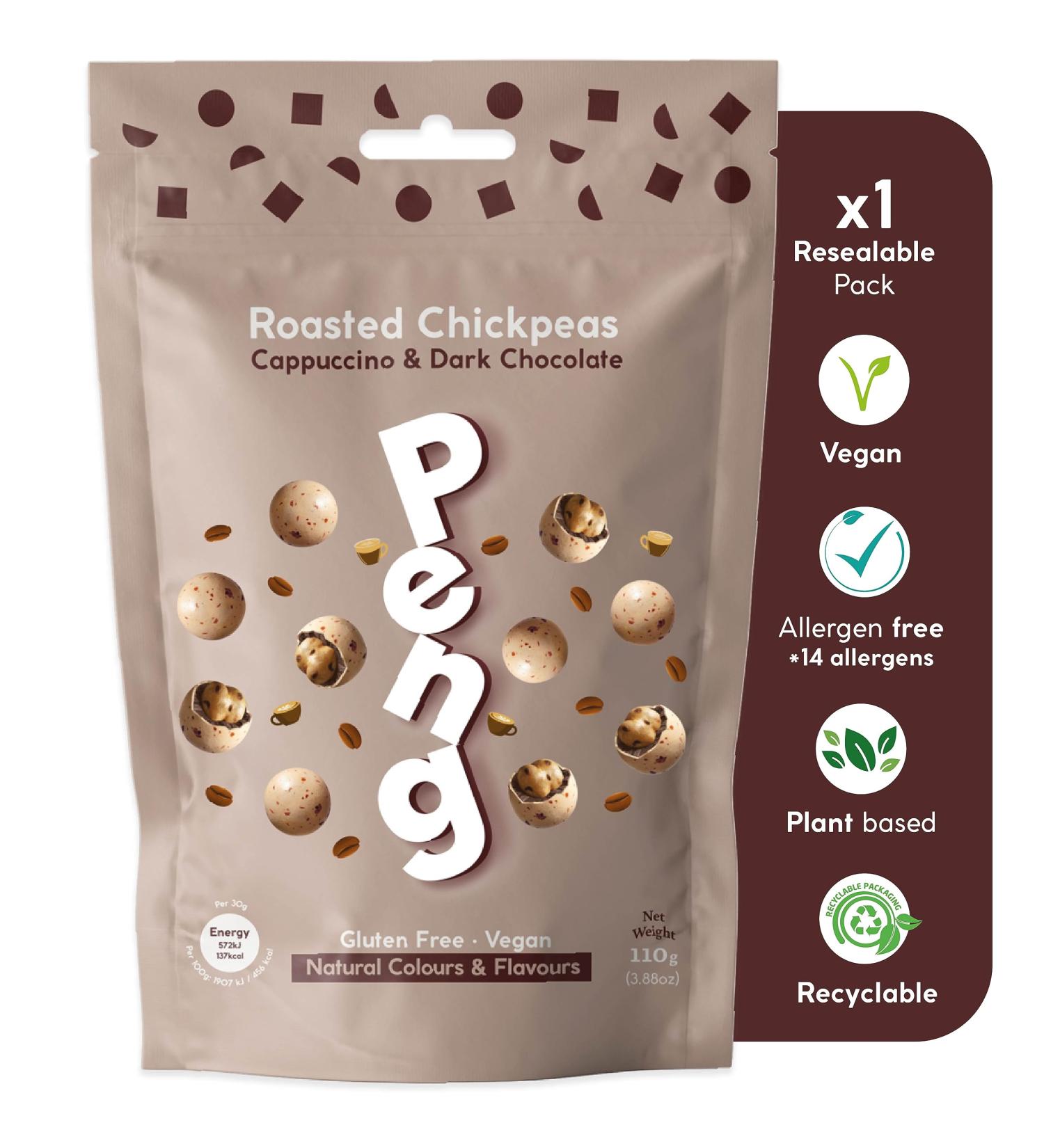 Buy 12 x 110g PENG Finer Vegan Chocolate & Cappuccino Chickpeas - Protein-Rich Snacks in Resealable Packaging for Guilt-Free Indulgence - Buy Online on GoSupps.com