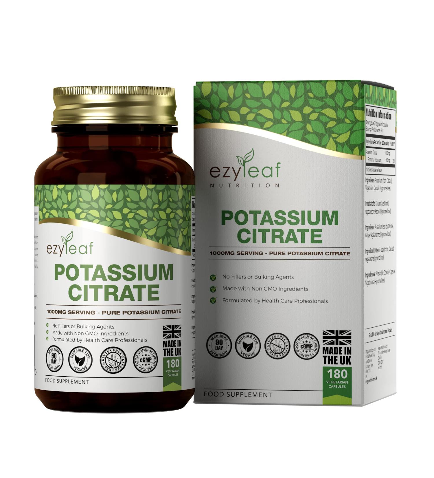 Ezyleaf Nutrition Potassium Citrate Capsules | 180 High Strength 1000mg Potassium Citrate | Clean Formula | Potassium Supplements - Buy Online on GoSupps.com