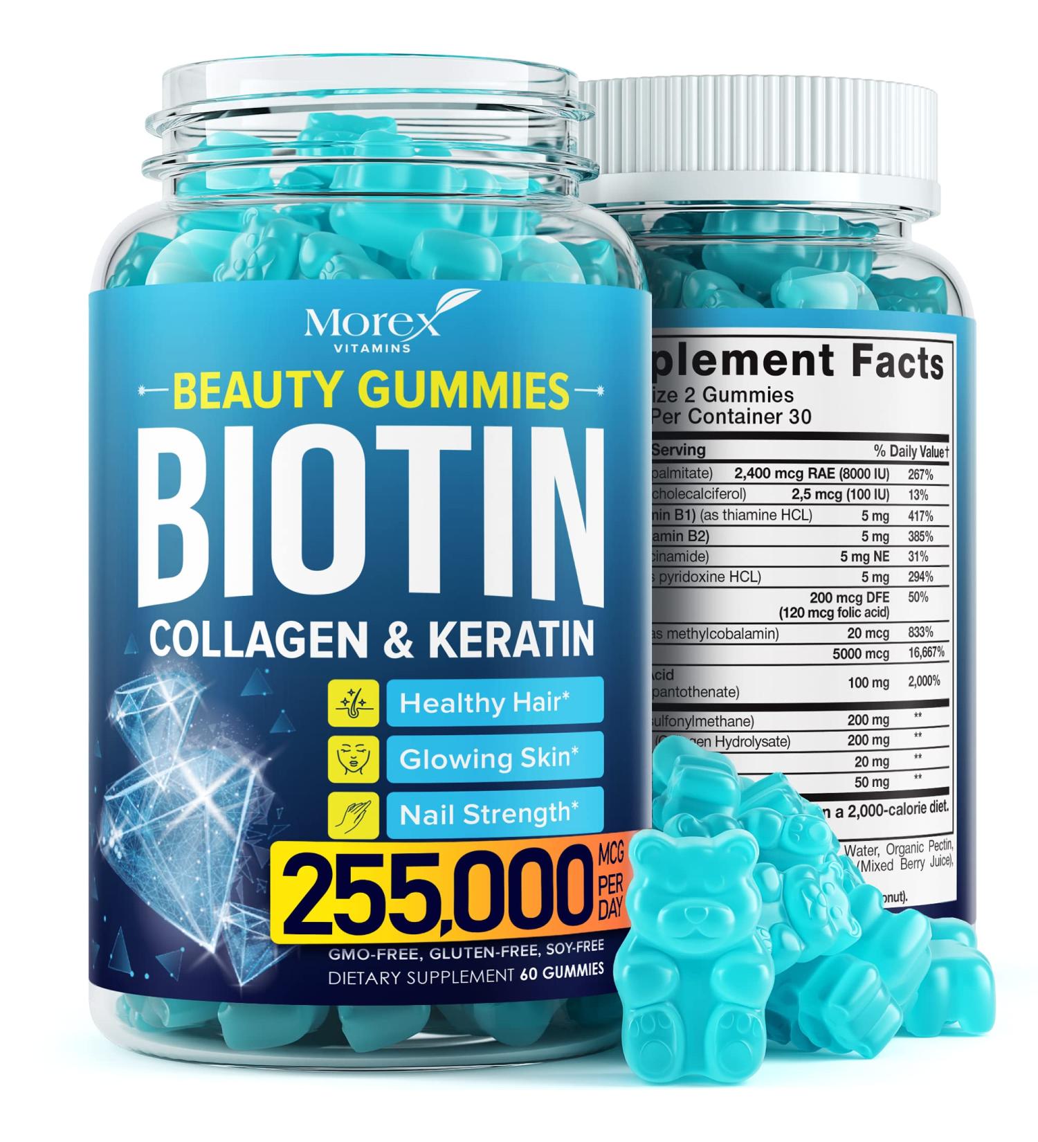 Natural Hair Vitamins Gummies with Biotin, Collagen & Keratin - Made in USA for Hair, Skin & Nails - Anti Aging Multivitamin for Men & Women - 60pcs - Buy Online on GoSupps.com