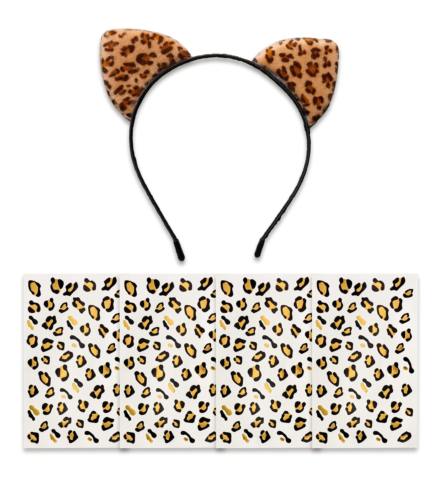 Pandecor Cheetah Ears Headband & Black/Gold Temporary Tattoos Set for Halloween Costumes - Buy Online on GoSupps.com