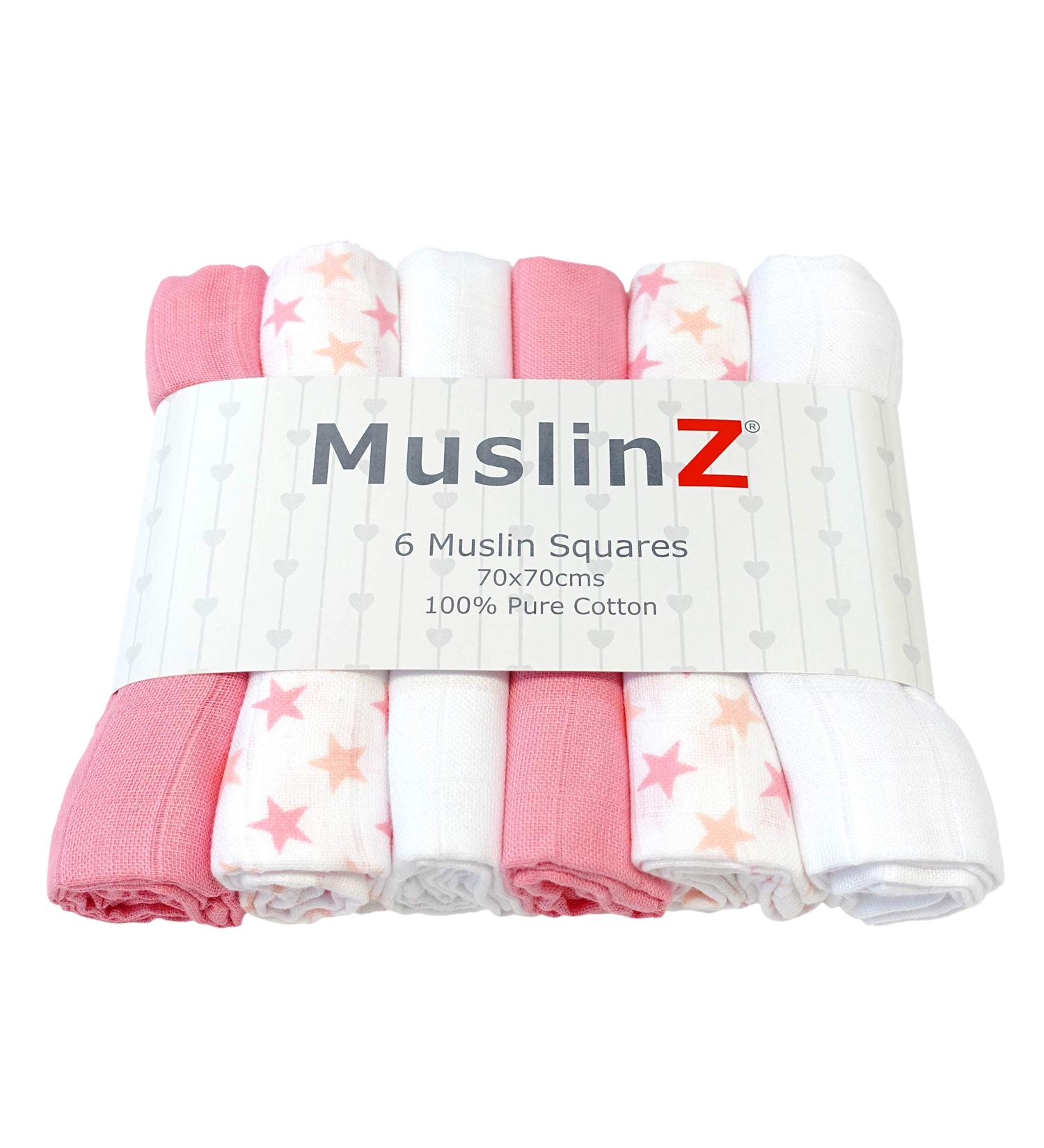 MuslinZ 6pk Baby Muslin Squares - Soft & Absorbent 100% Cotton - Newborn Essential Burp Cloth - 70x70cm (Pink) - Buy Online on GoSupps.com