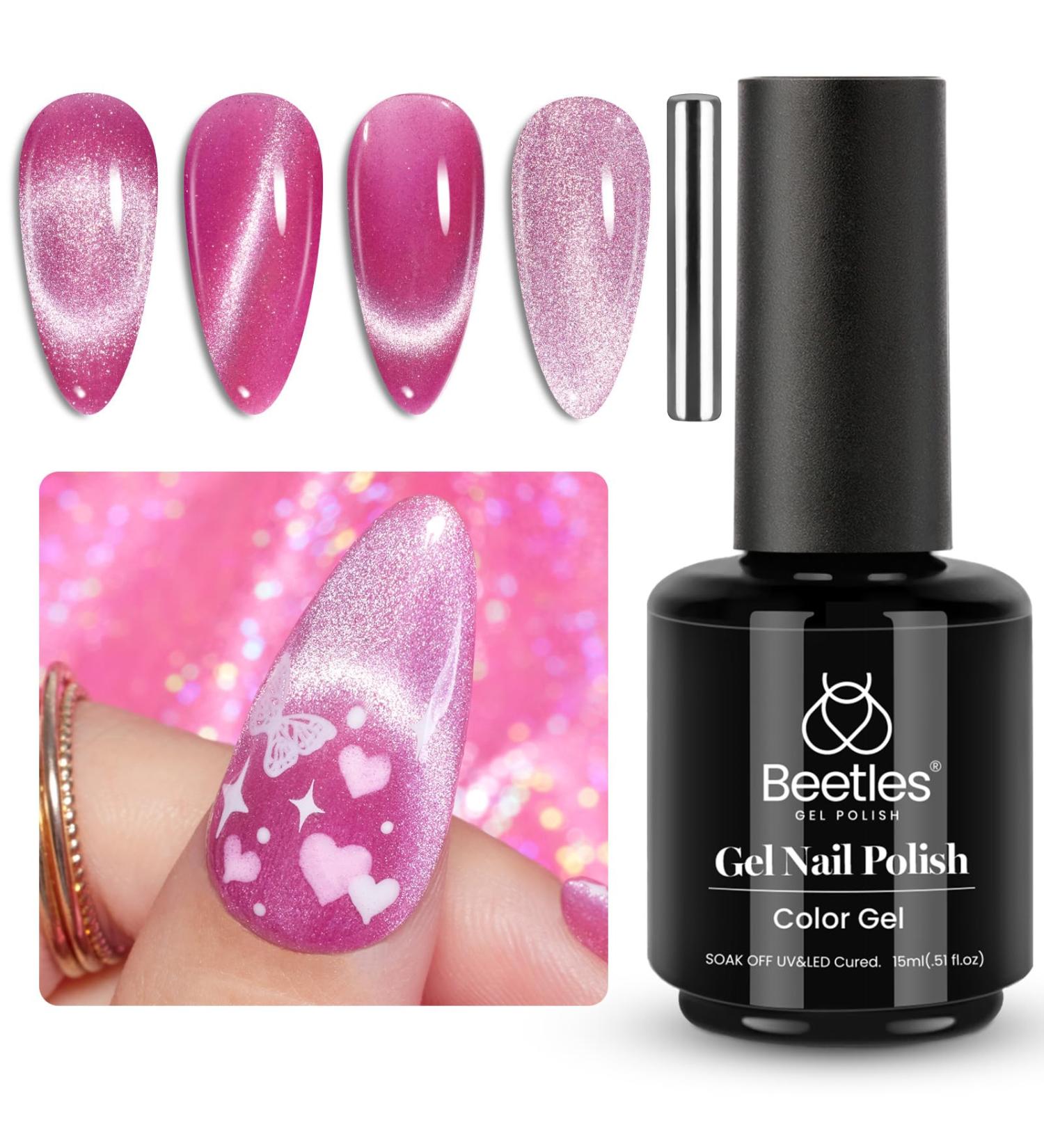 Beetles Pink Holographic 9D Cat Eye Gel Polish 15ml - Shiny Glitter with Magnetic Stick | Soak Off UV Gel Nail Polish for Salon Nail Art and DIY Christmas Nails - Buy Online on GoSupps.com