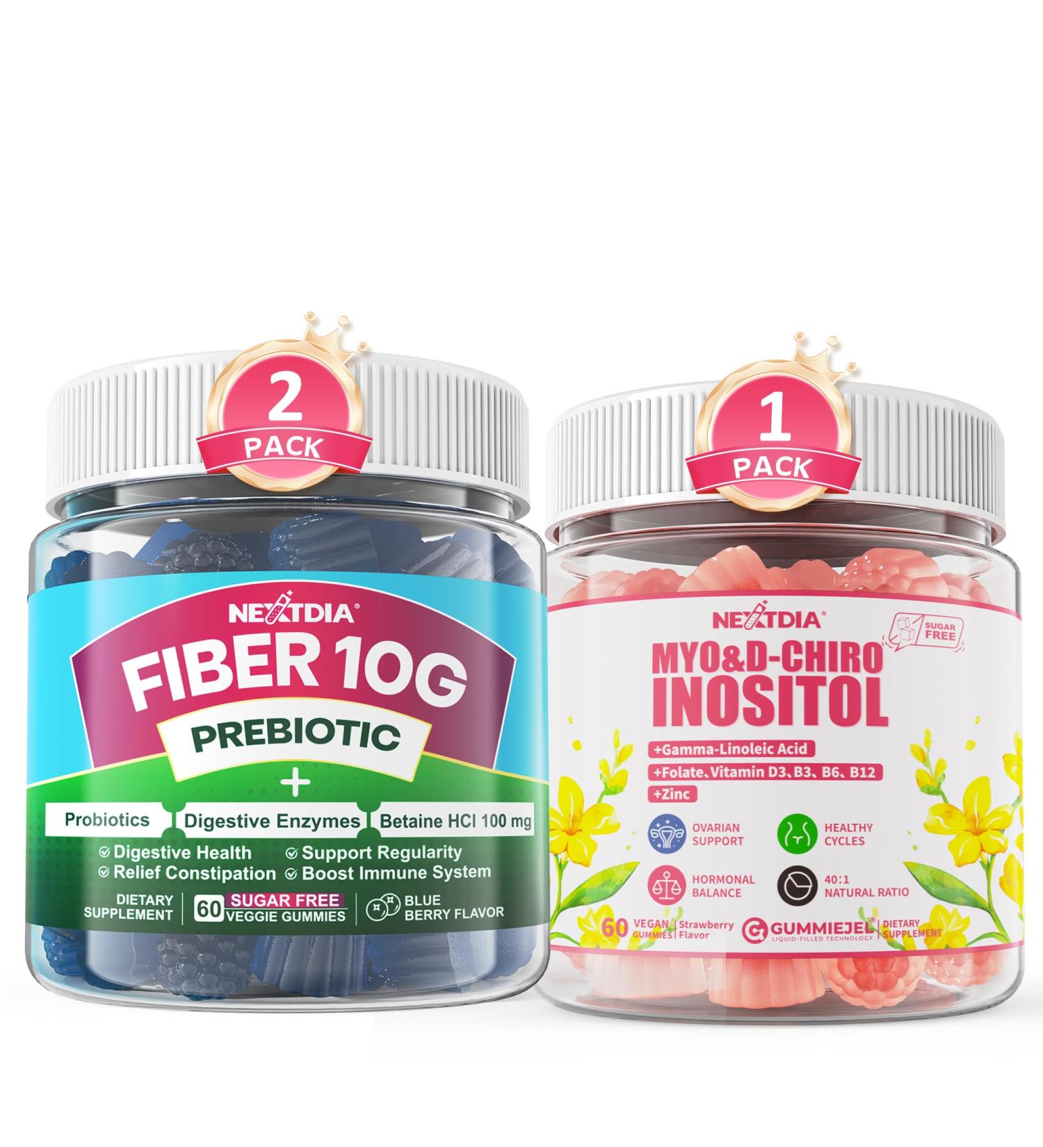 Nextdia Fiber Gummies for Adults Sugar Free 10g Prebiotic Fiber Supplement + Myo-Inositol & D-Chiro Inositol Gummies Supplement - Buy Online on GoSupps.com