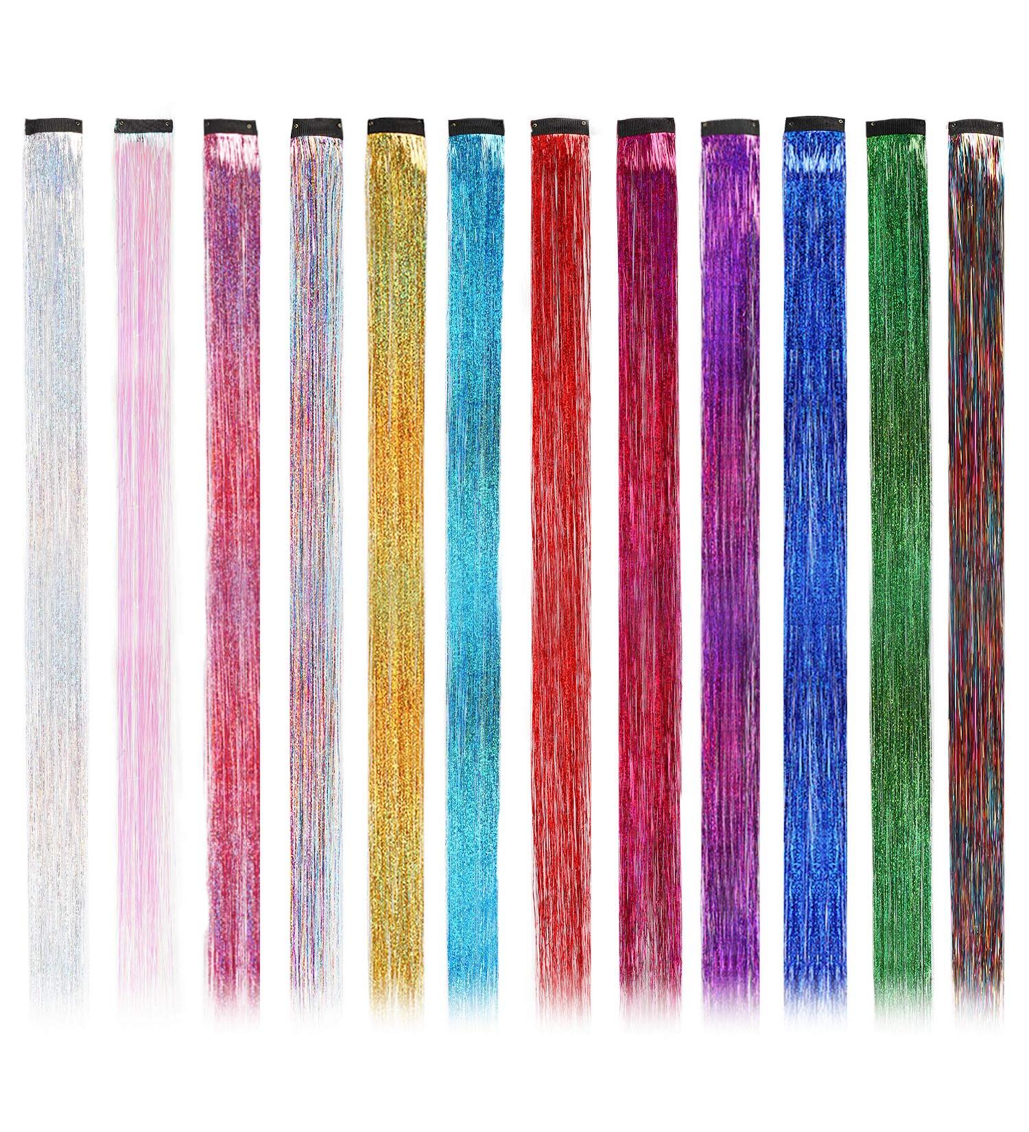 Shiny Clip-In Hair Tinsel Kit - 12 Pcs Colored Glitter Highlights for Women & Kids - Buy Online on GoSupps.com