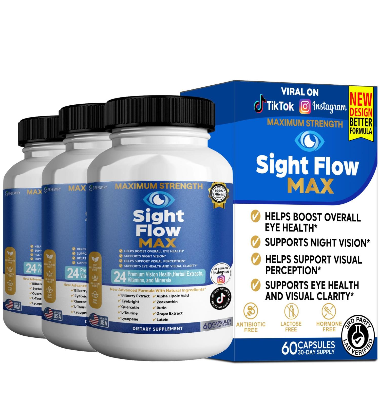 GREENVIFY Sight Flow Max Eye Health Supplement 24 Premium Vision Herbal Extracts Vitamins and Minerals 60 Capsules (3) - Buy Online on GoSupps.com