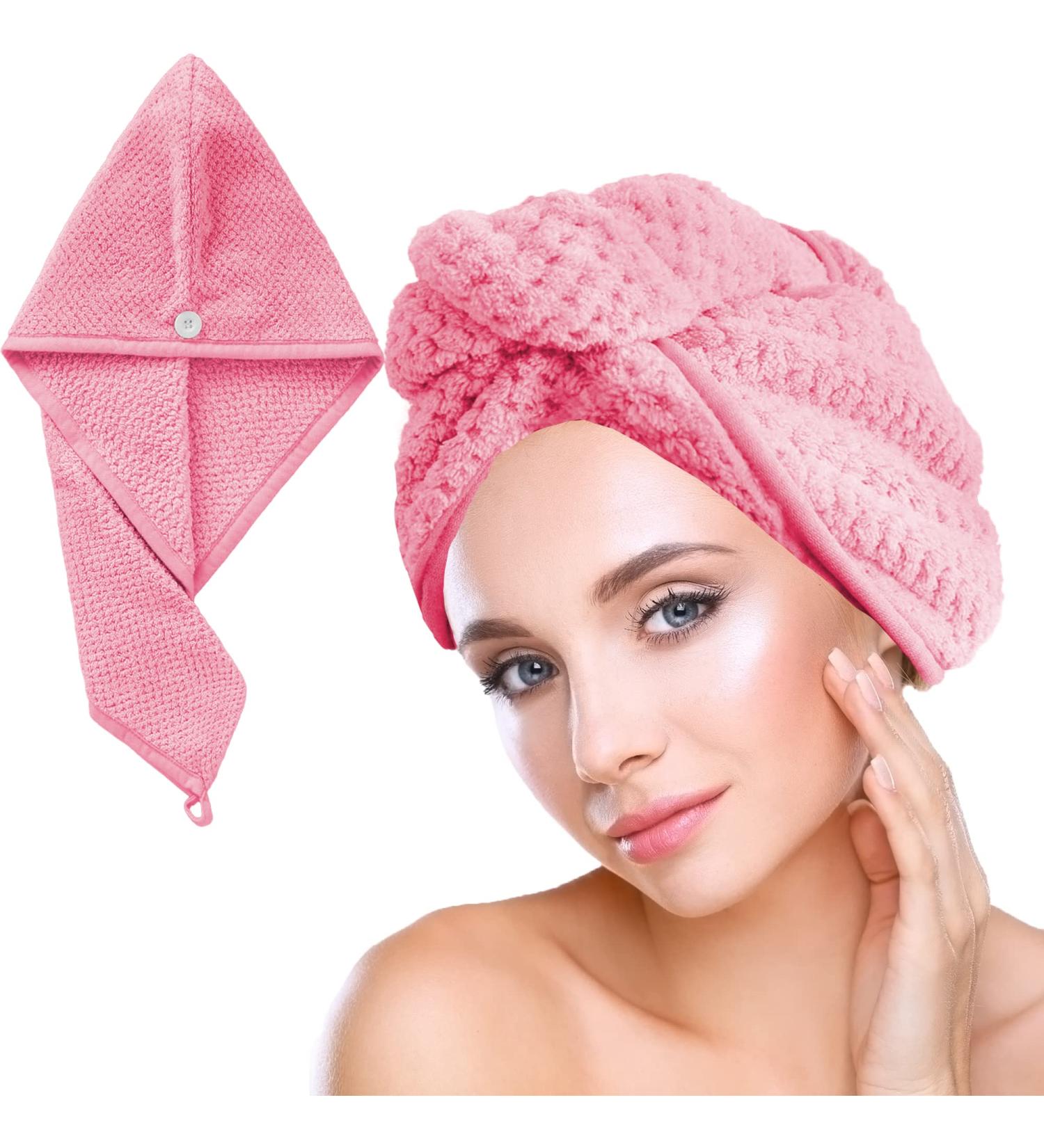 Premium Pink Hair Turban Towel with Button | Microfiber Head & Long Hair Towel for Quick Drying - International Shipping Available - Buy Online on GoSupps.com
