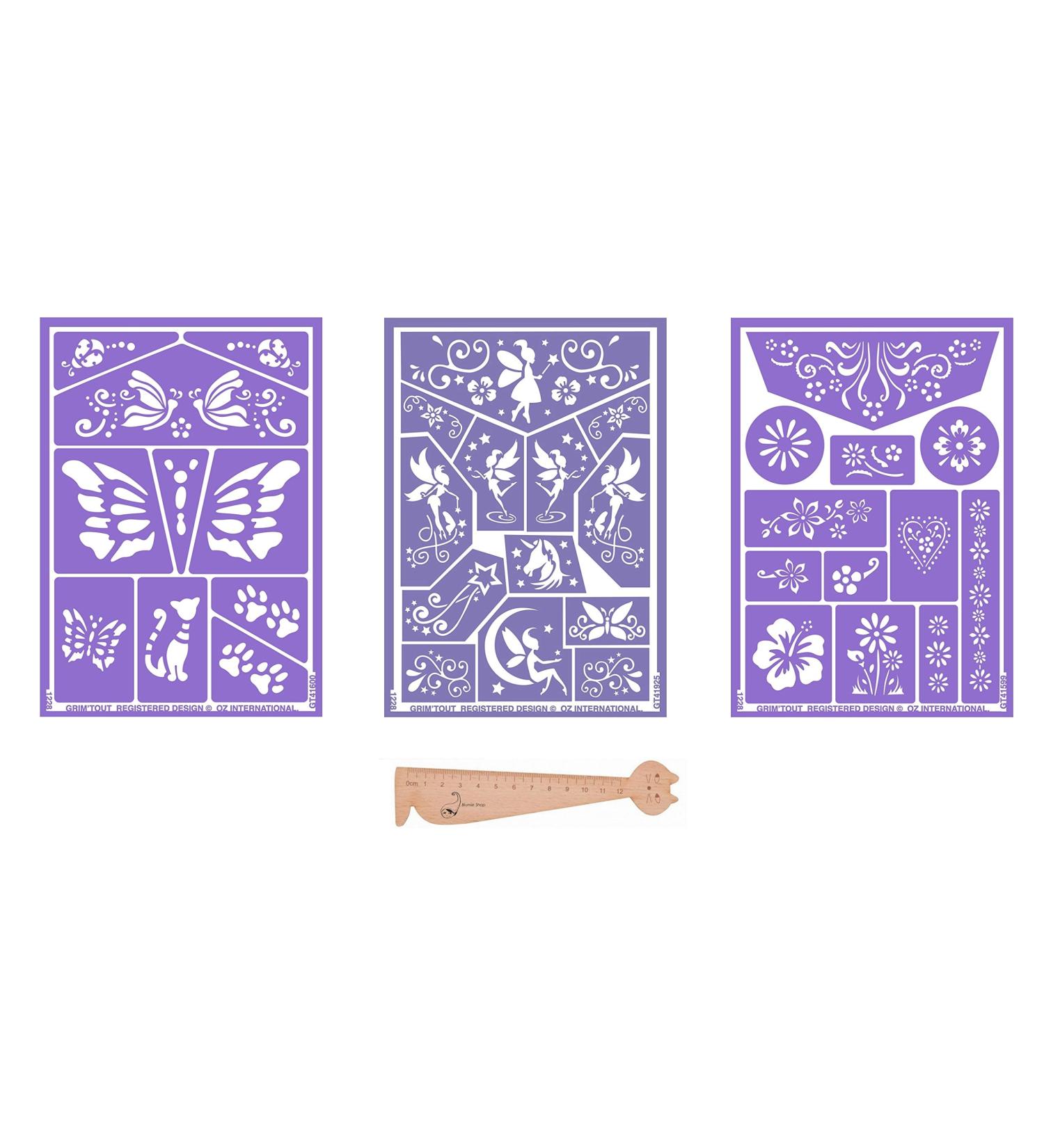 Set of 3 Makeup Stencils - Flowers Cats Butterflies & Fairies + Wooden Bookmark Ruler | Blumie - Buy Online on GoSupps.com