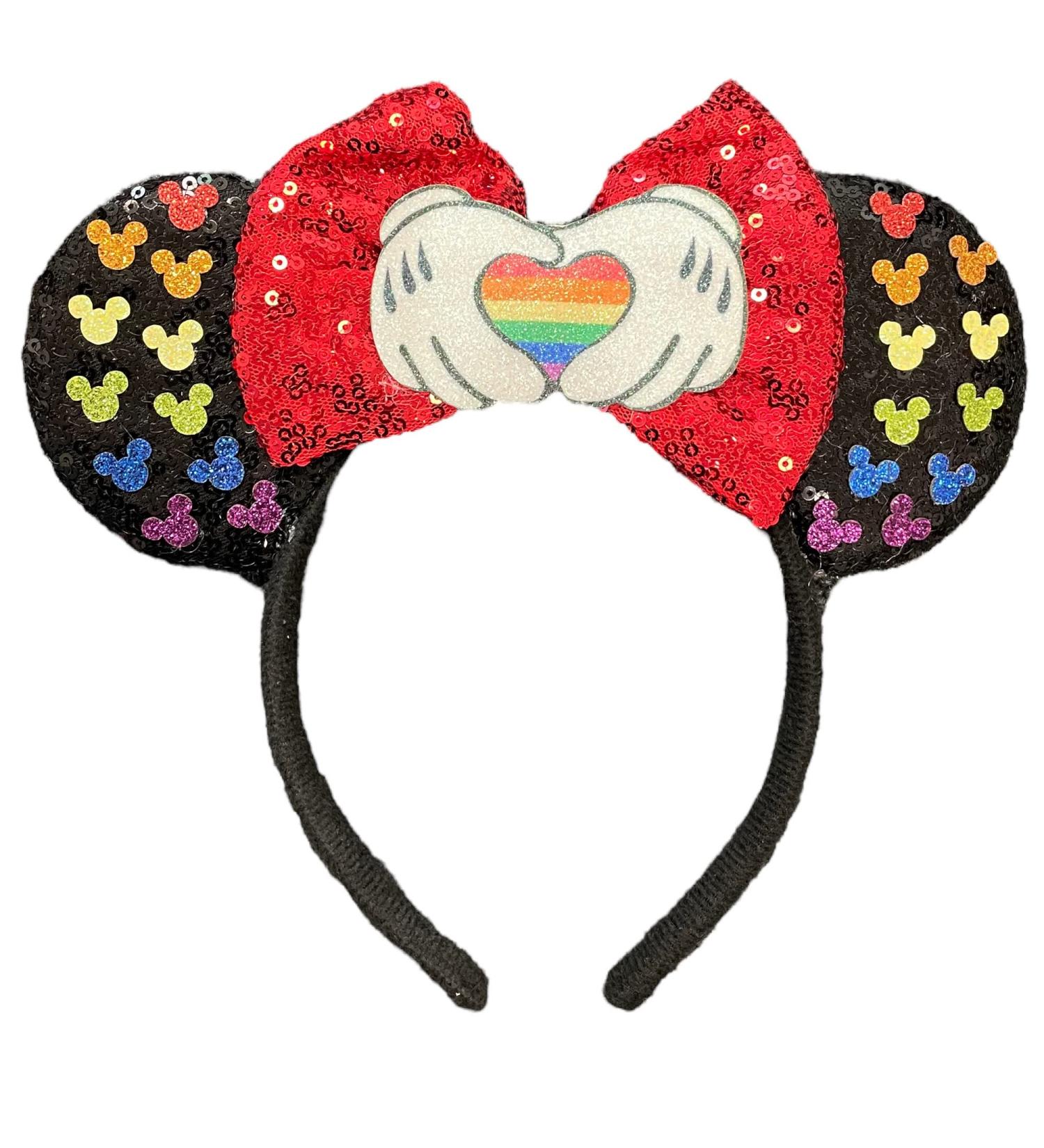 Minnie Mouse Ears Pride Rainbow Heart Hands Black Sequin Alice Headband With Big Red 5" Sequin Bow Fancy Dress Cosplay - Buy Online on GoSupps.com
