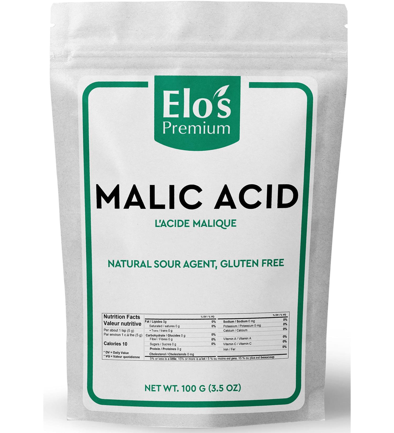 Malic Acid Powder by Elo s Premium (100 g) Packaged in CANADA Gluten Free Food Grade Natural Sour Agent for Candy Wine Potato Chips Recipes and More - Buy Online on GoSupps.com