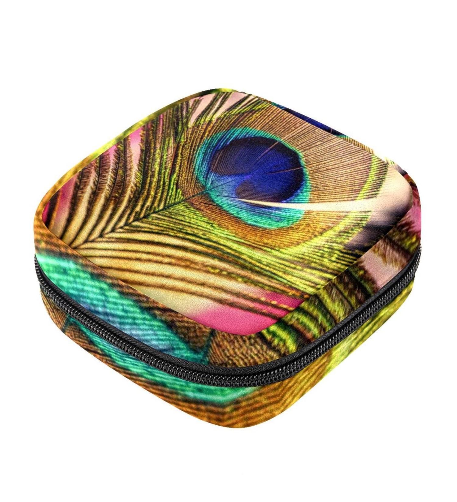 Menstrual Pad Bag with Zipper | Ladies Napkin Pouch & Tampons Collection Bag - Peacock Feathers Design for Women & Girls - Buy Online on GoSupps.com